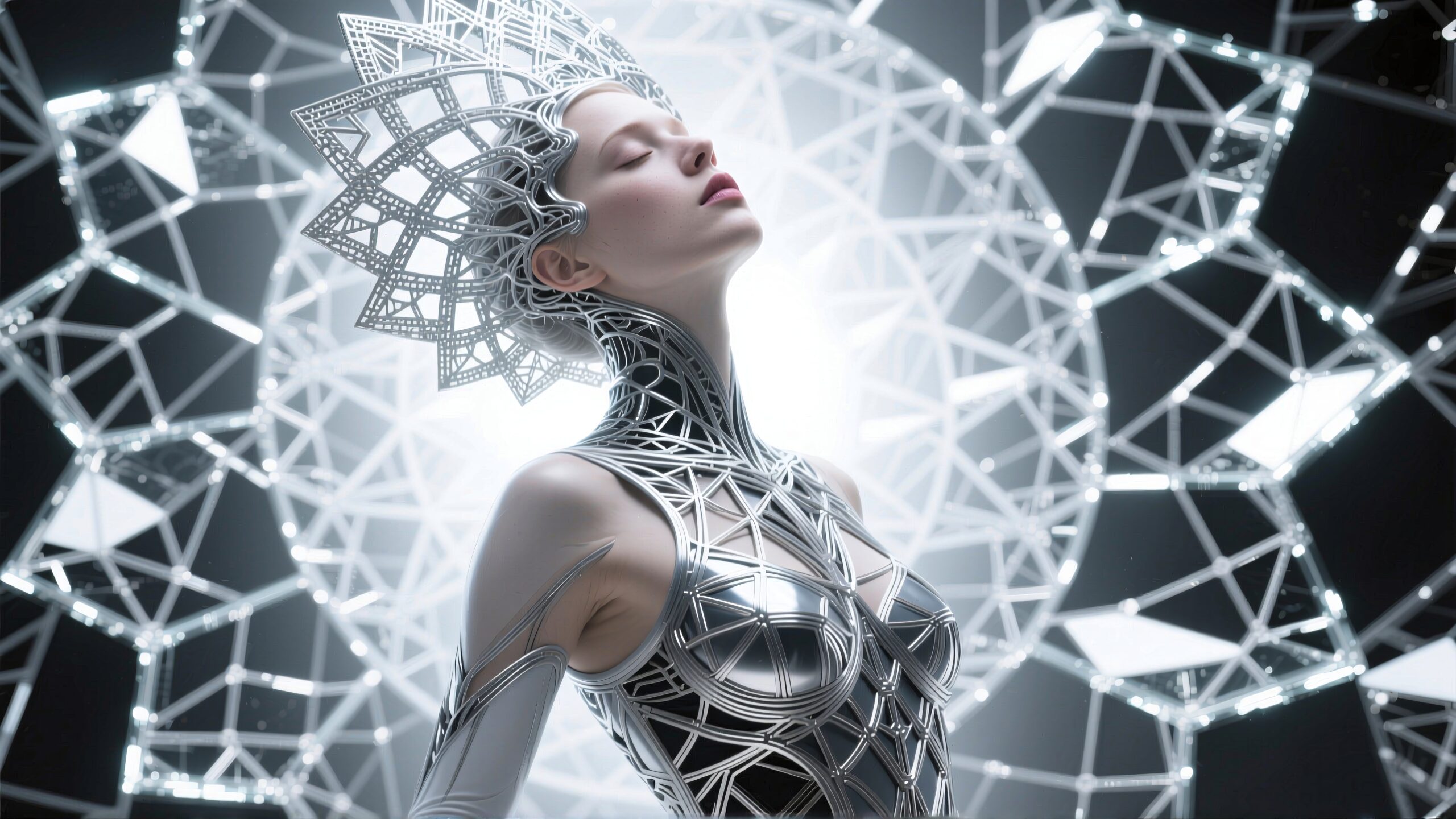 A woman in futuristic metallic attire with an intricate geometric design reflects elegance and modernity.