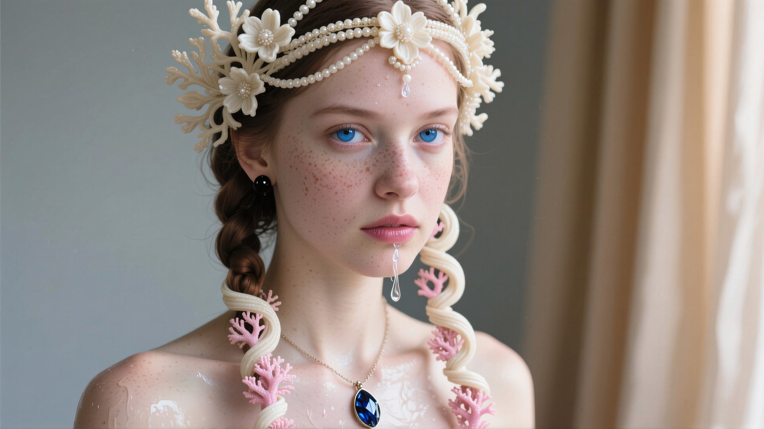 A serene portrait of a young woman with blue eyes, adorned with a floral headpiece and intricate coral-like elements.