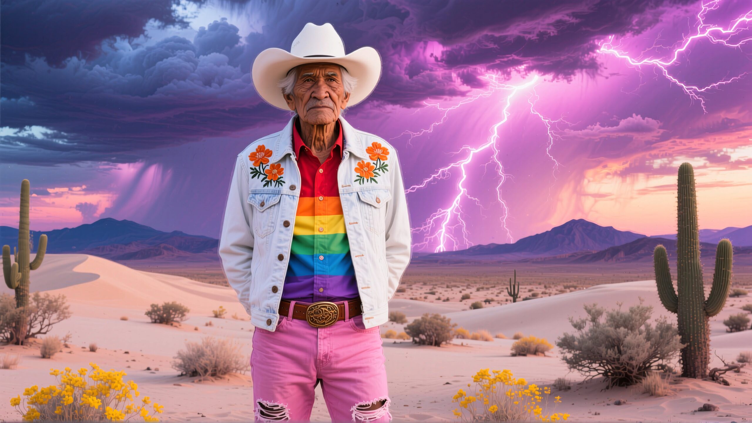 Elder in rainbow attire amidst dramatic desert lightning storm.