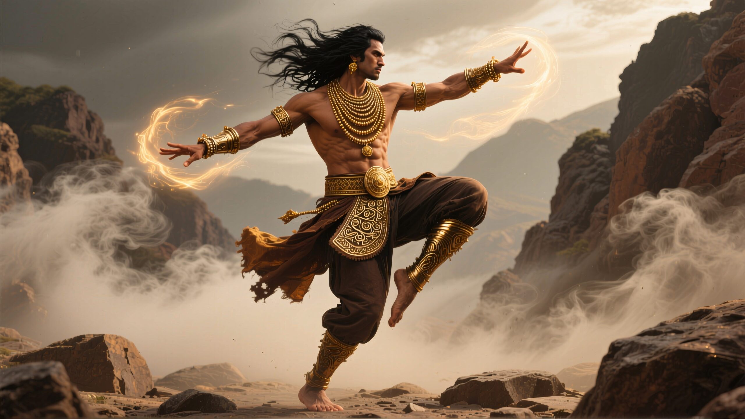 Epic fantasy warrior stands powerfully in enchanted, misty landscape with glowing light.