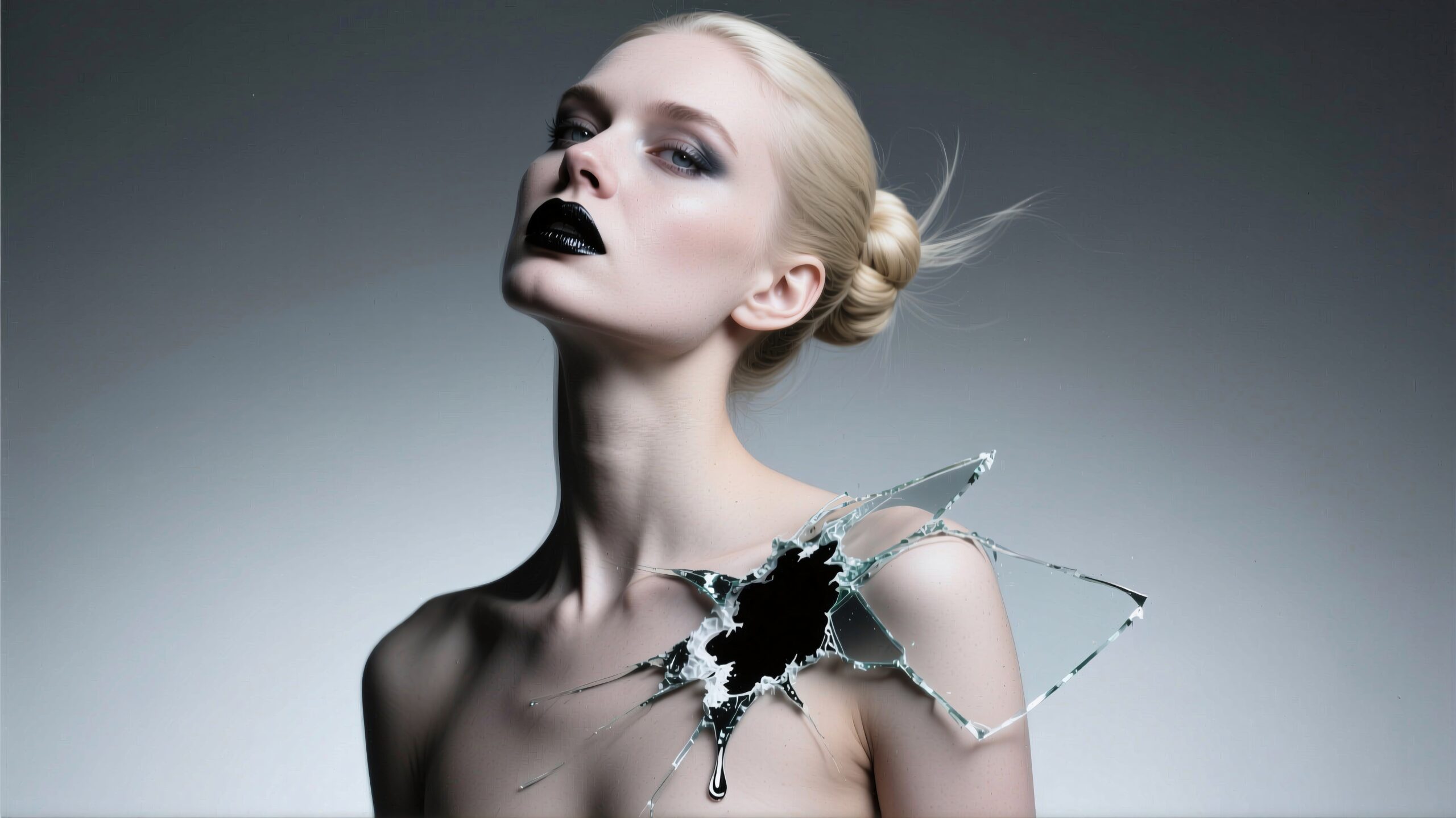 Surreal portrait of a woman with dramatic makeup and shattered glass effect on her shoulder against a gradient background.