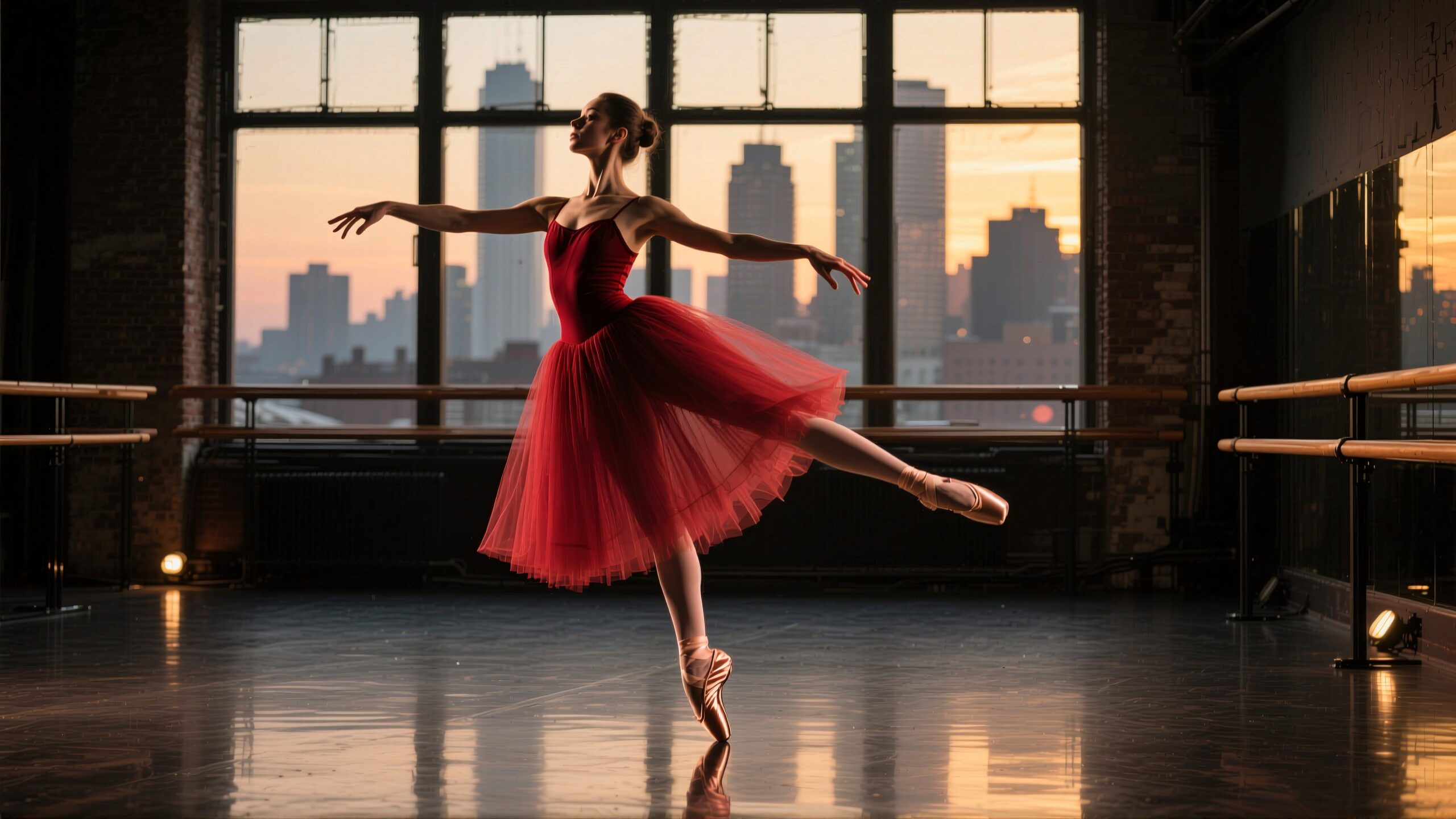 A ballerina poses gracefully in a dimly lit studio with a city skyline and sunset visible through large windows.