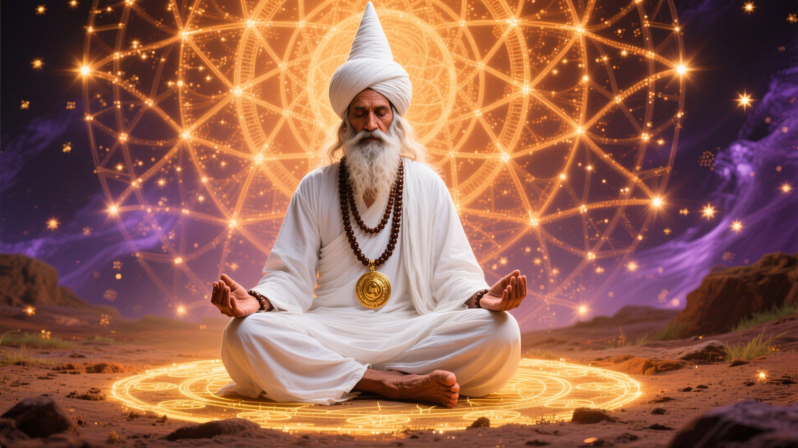 A man meditates with cosmic backdrop.
