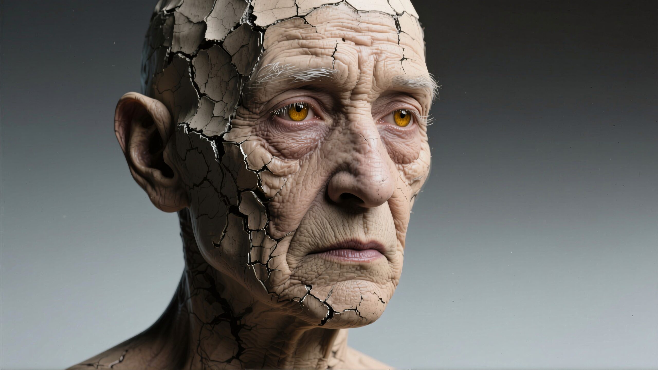 A detailed artistic portrait of an elderly person with cracked skin and striking golden eyes.