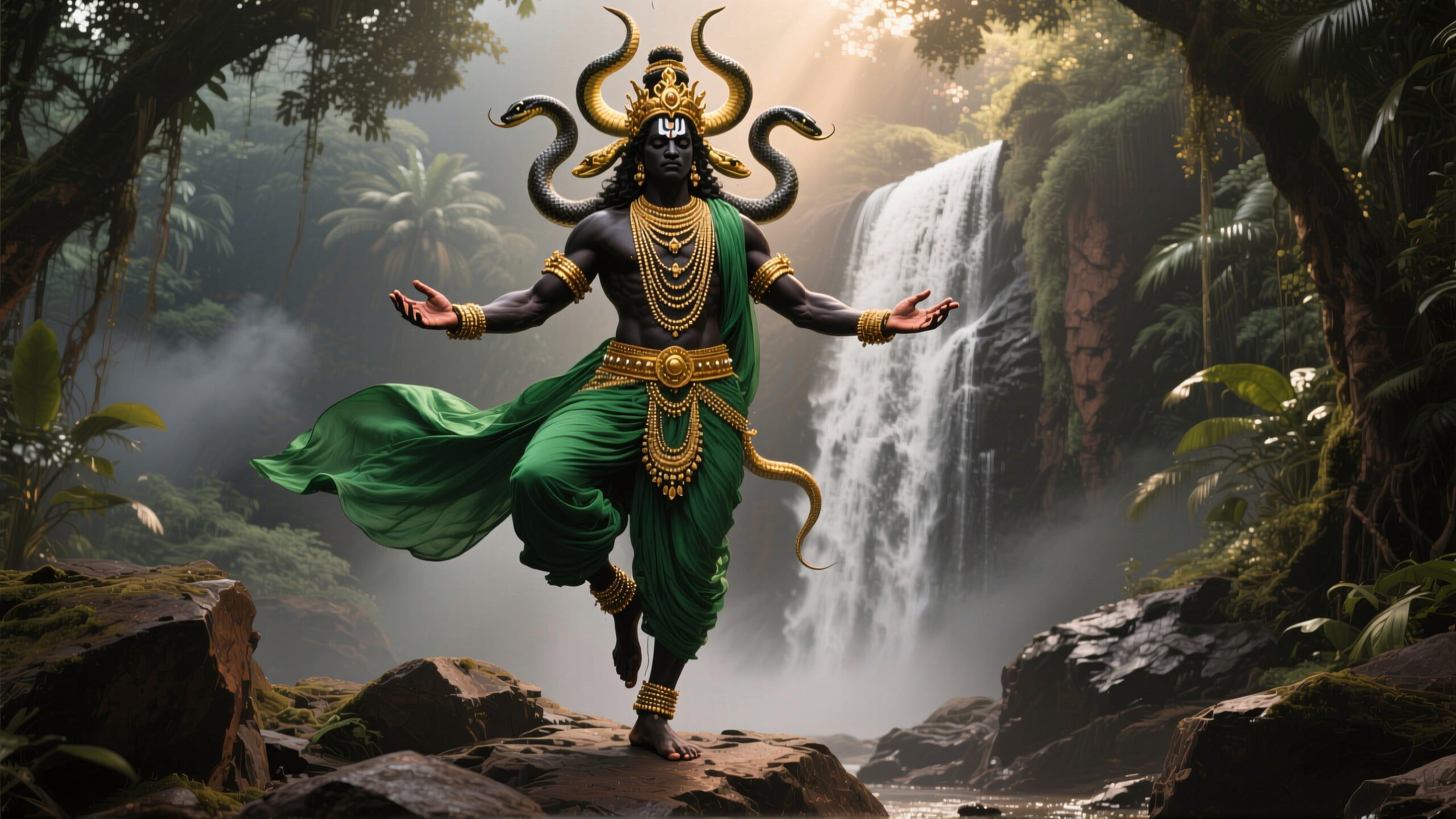 Mystical deity surrounded by jungle waterfall and serpents.