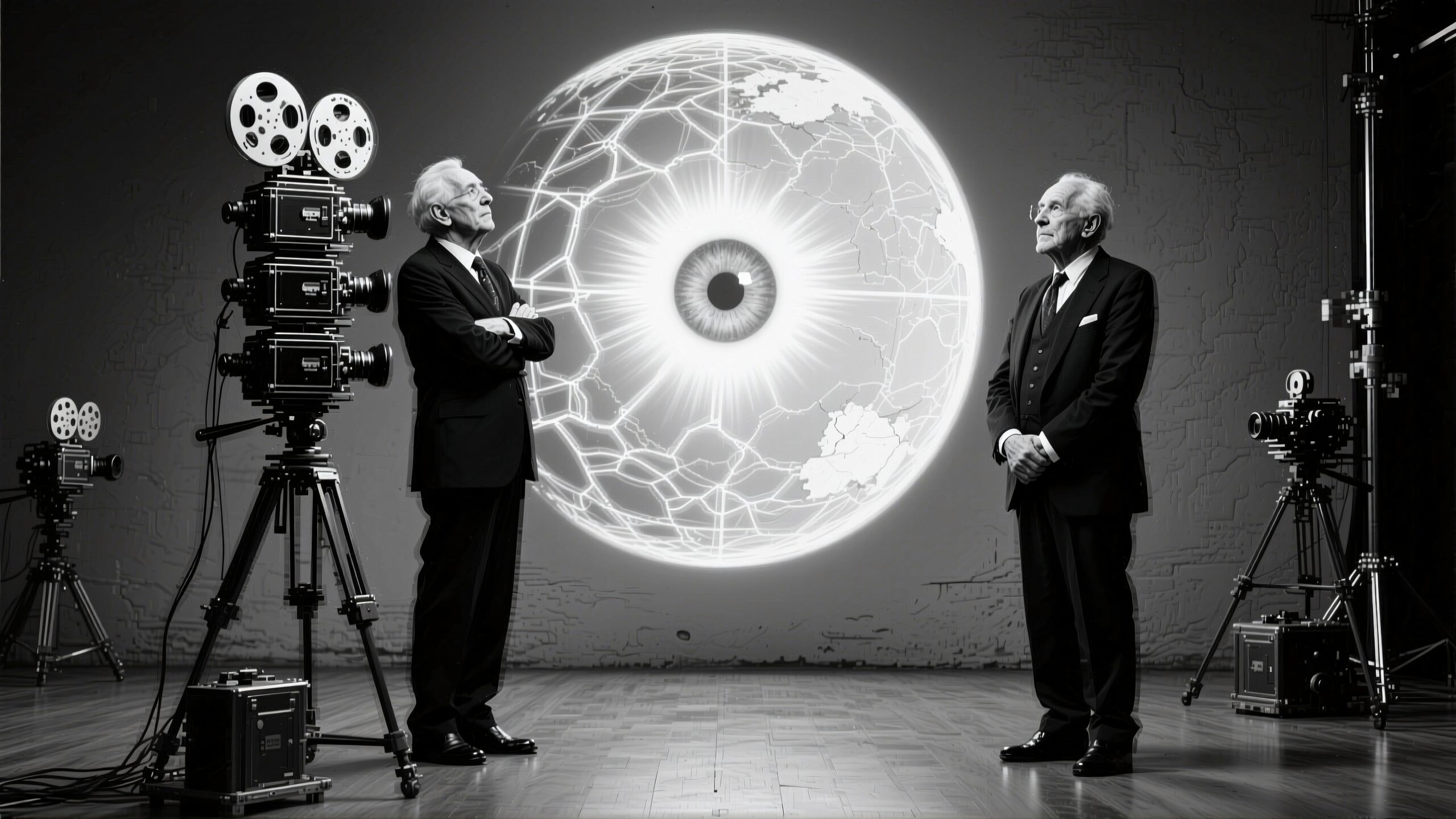 A dramatic scene of two elderly men in suits standing with vintage film cameras against a backdrop of a globe-eye, suggesting surveillance themes.