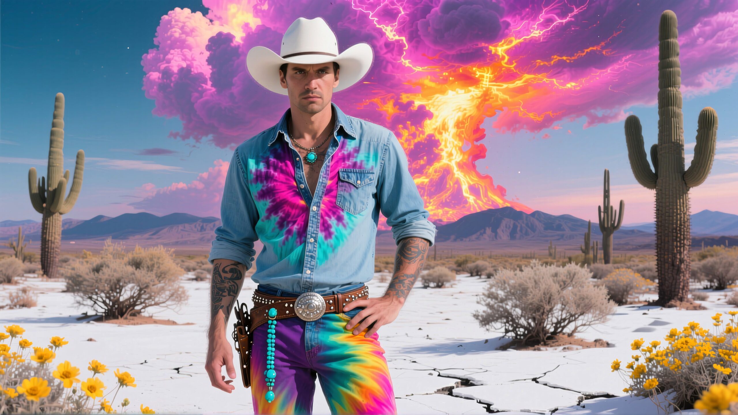Cowboy in tie-dye stands in colorful desert with dramatic sky.