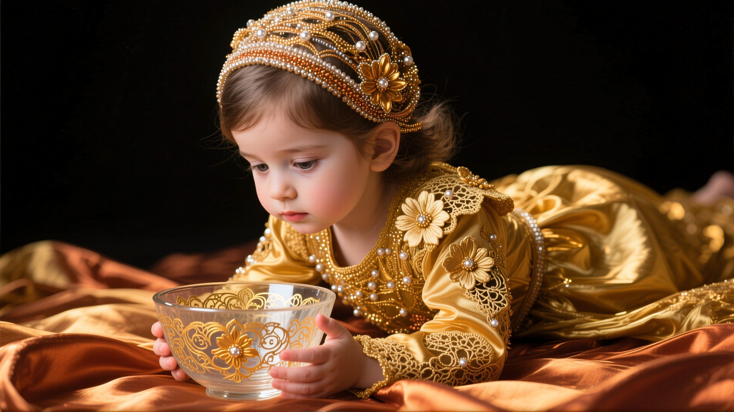 Young child in gold dress with ornate headpiece and a floral glass bowl on golden fabric.