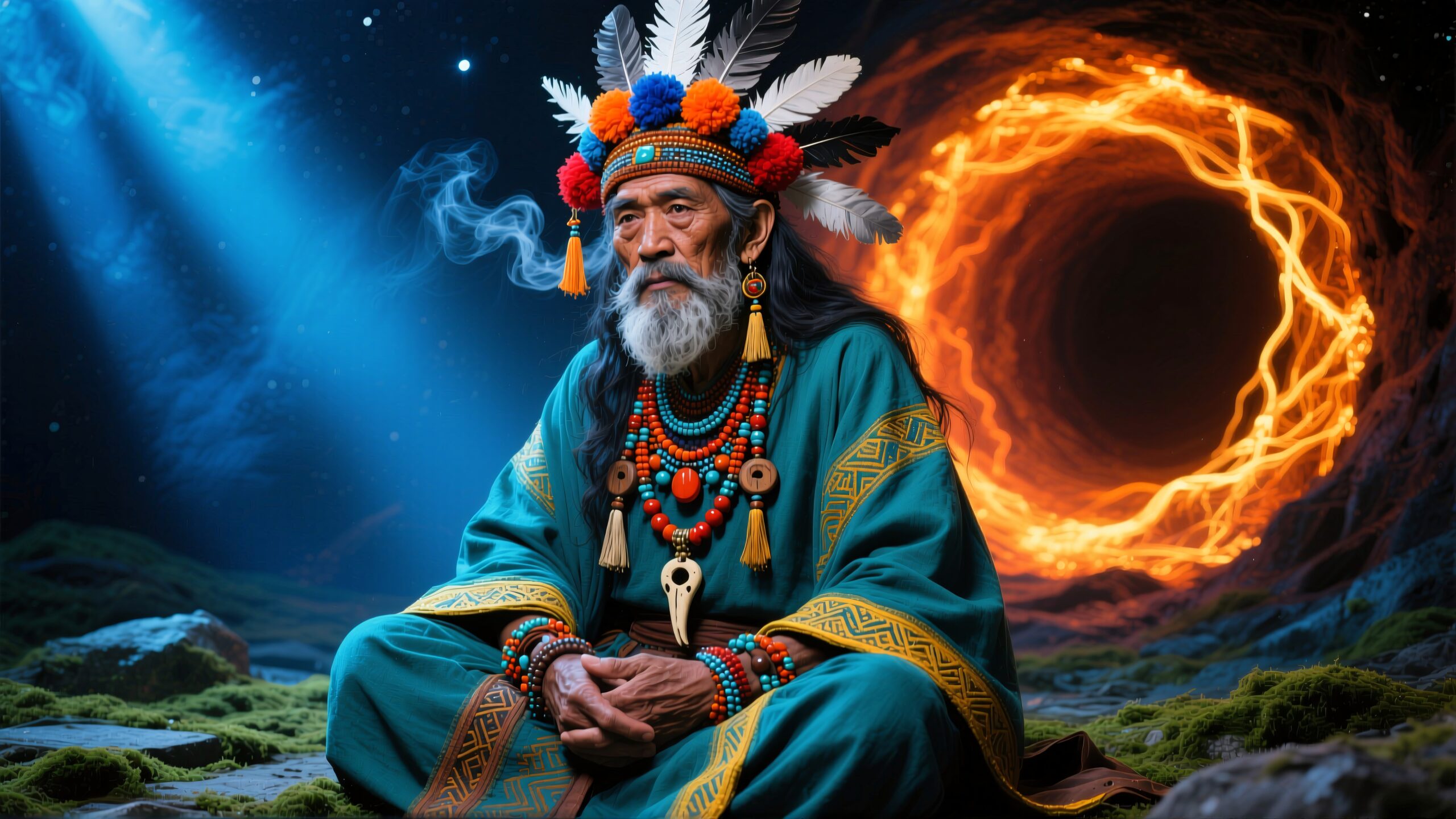 Elderly shaman adorned in feathers sits calmly before a mystical glowing portal.
