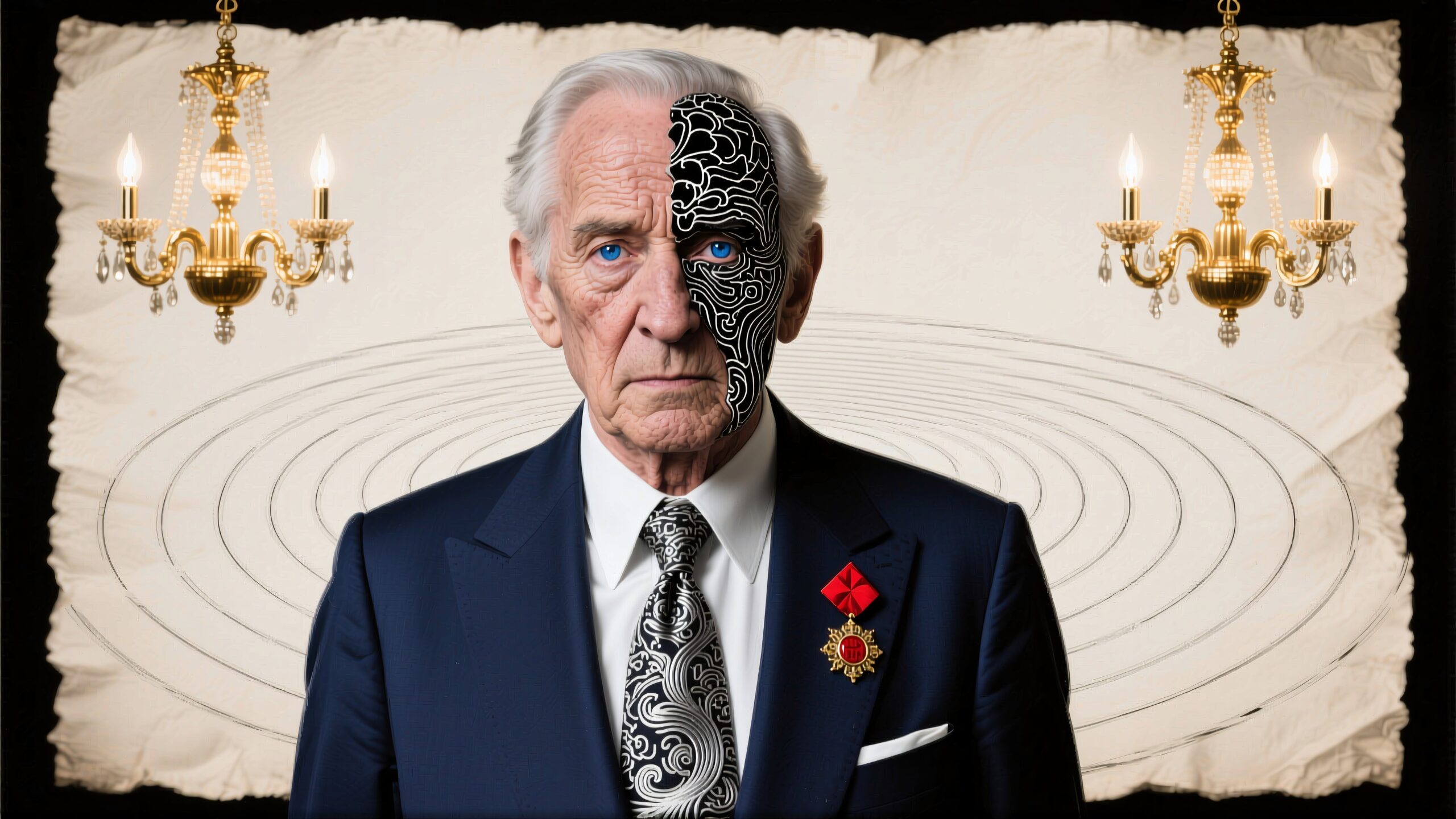 A distinguished elderly man with half his face artfully decorated, flanked by chandeliers, in a mysterious, elegant setting.