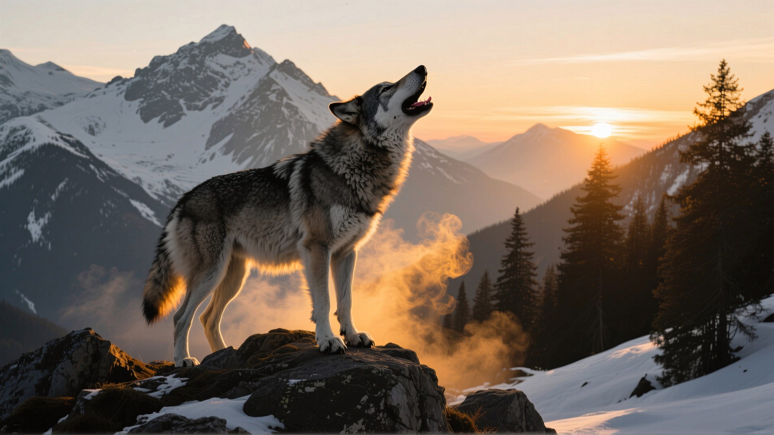 A majestic wolf howling on a snow-covered mountain at sunset.