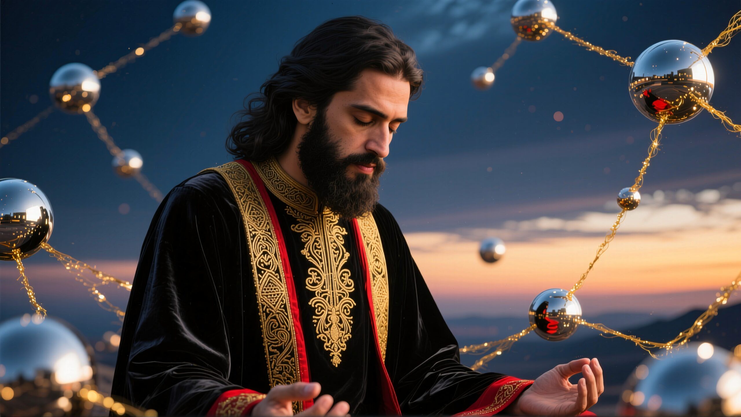 A man in ornate robe meditates amid floating spheres at sunset.