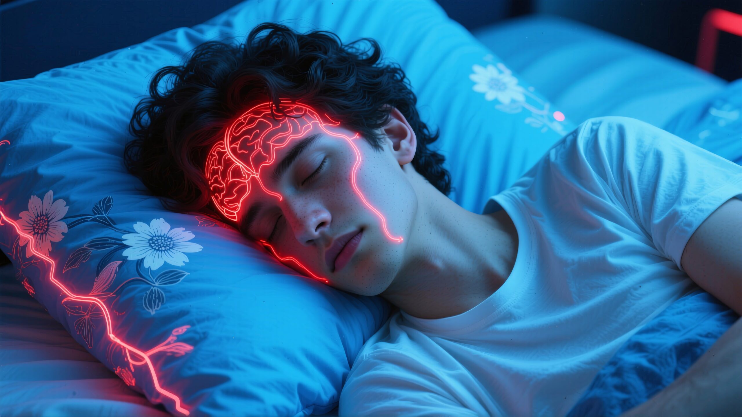 Young man sleeping with neon brain overlay.