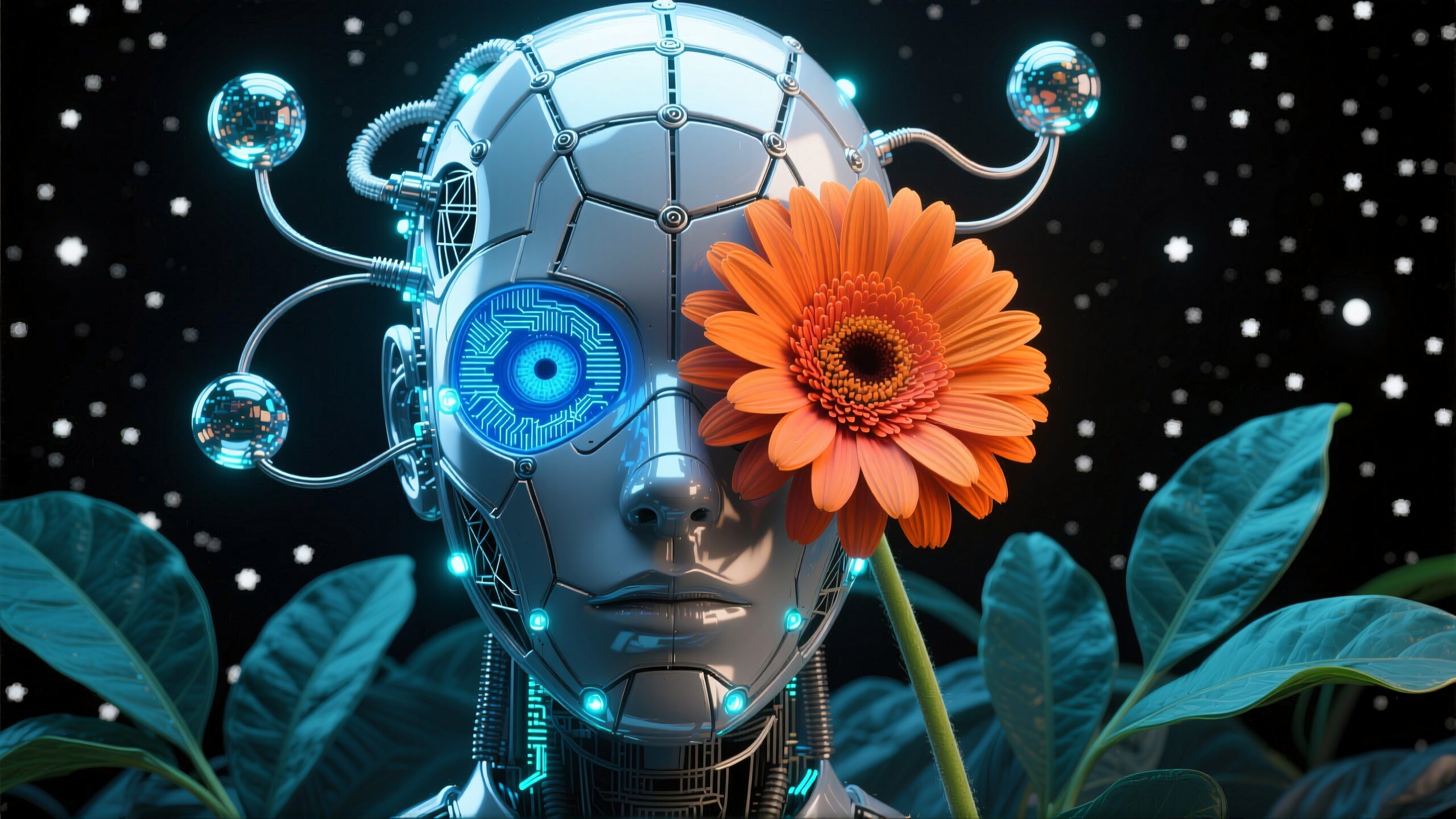 A futuristic robot with a flower, blending technology and nature under a starry sky.