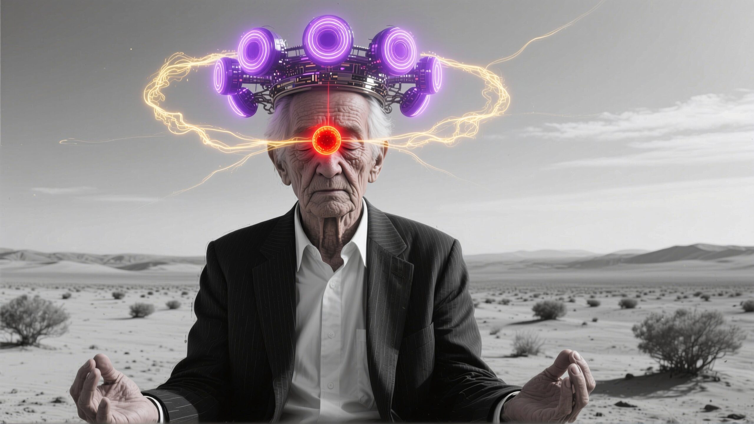 An elderly man meditates in a desert, with a glowing futuristic headpiece and energy beams, symbolizing a fusion of wisdom and technology.