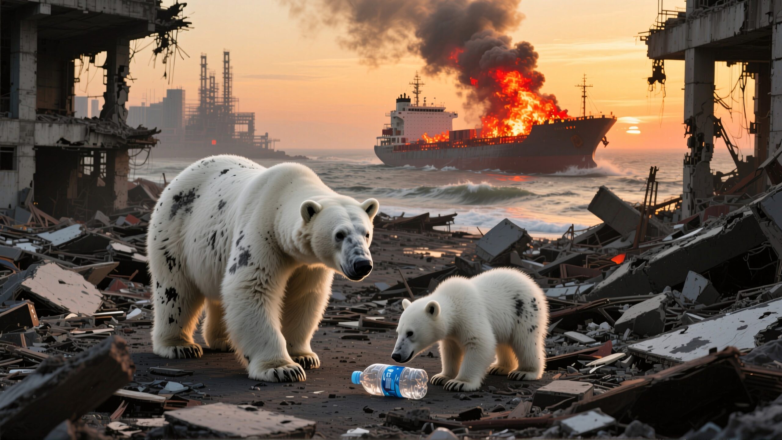 Polar bears in a fiery, industrial ruin, with ship burning and plastic pollution in foreground.
