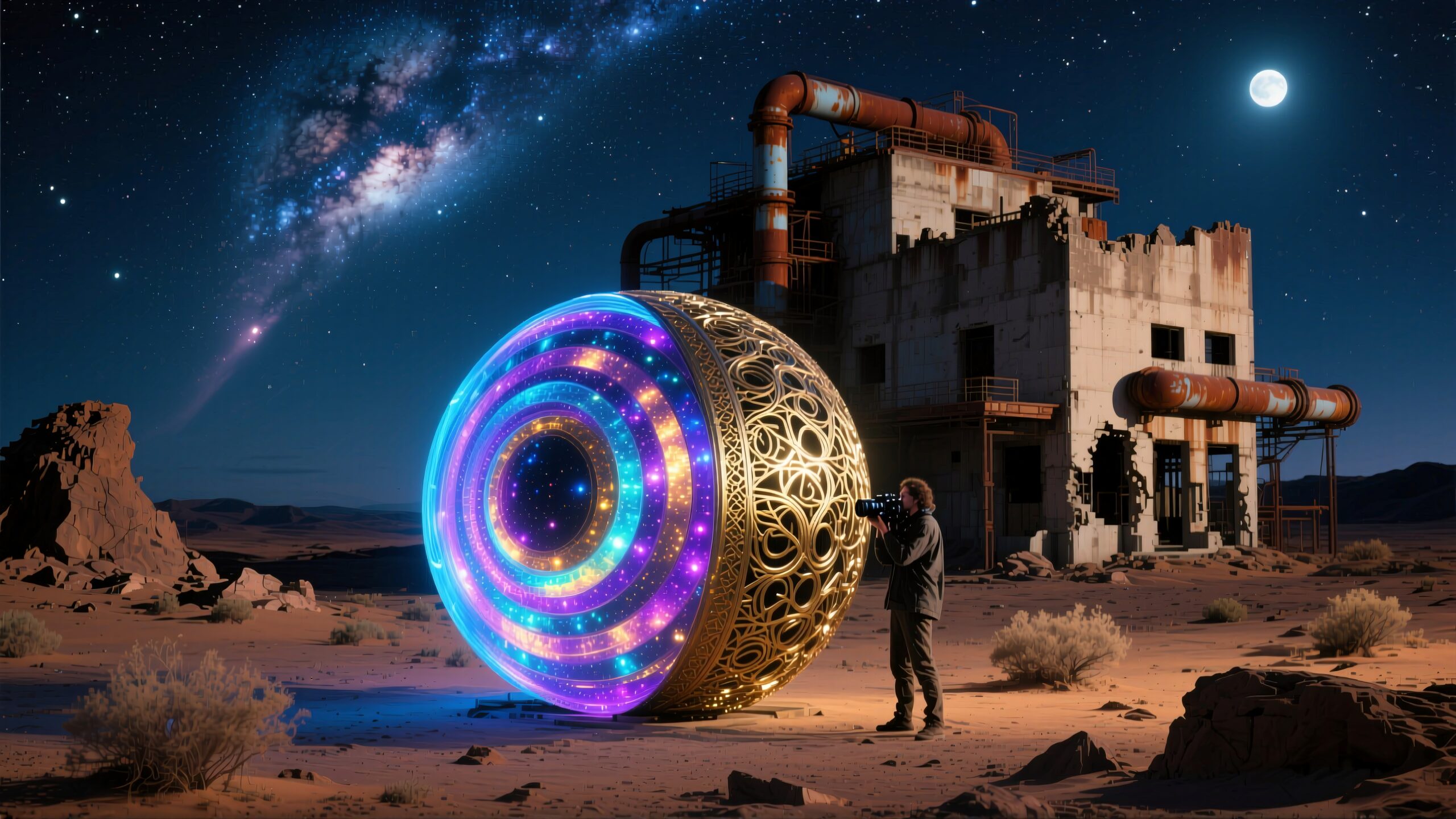 An ornate, glowing sphere in a moonlit desert with an industrial background and starry night sky.