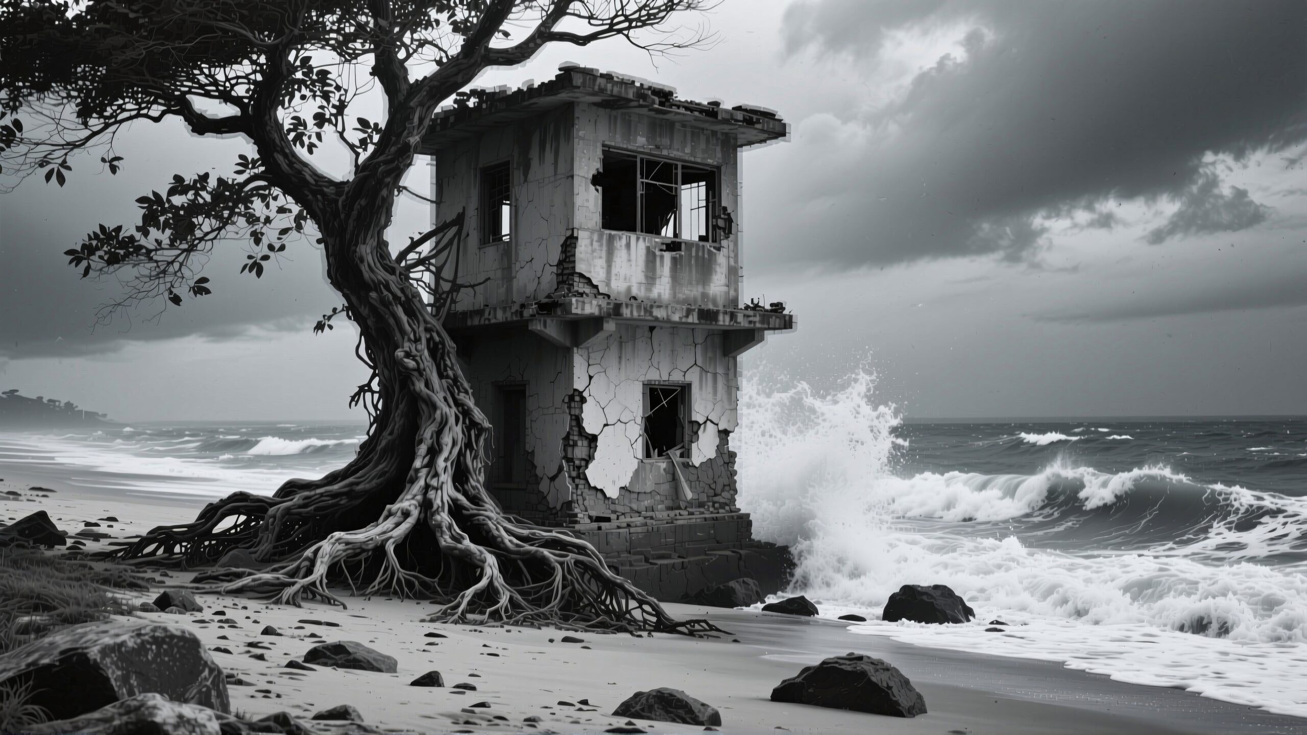 A derelict building on a stormy beach with tree roots intertwined.