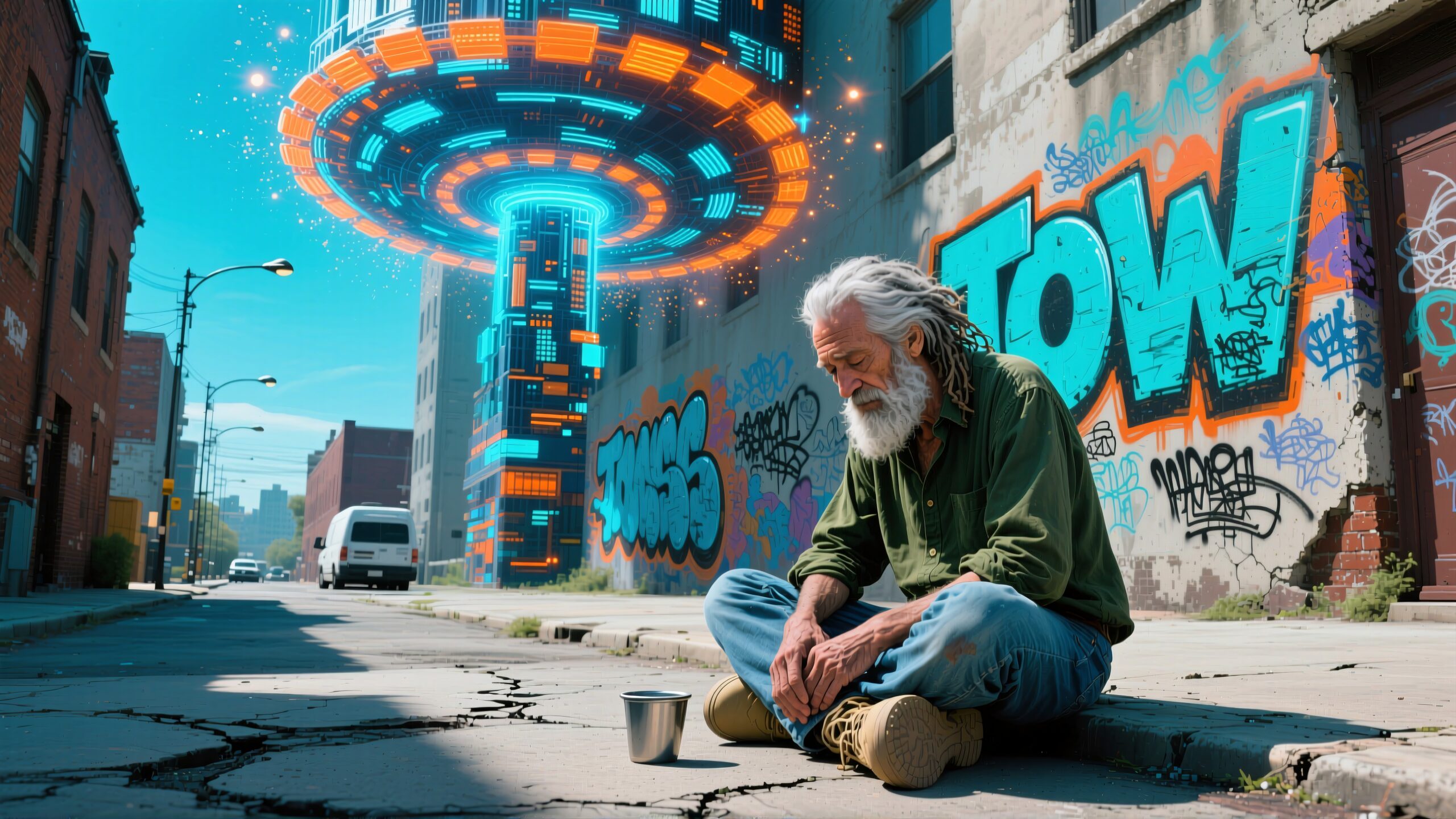 A weathered man sits on a gritty street as a luminous UFO hovers above.