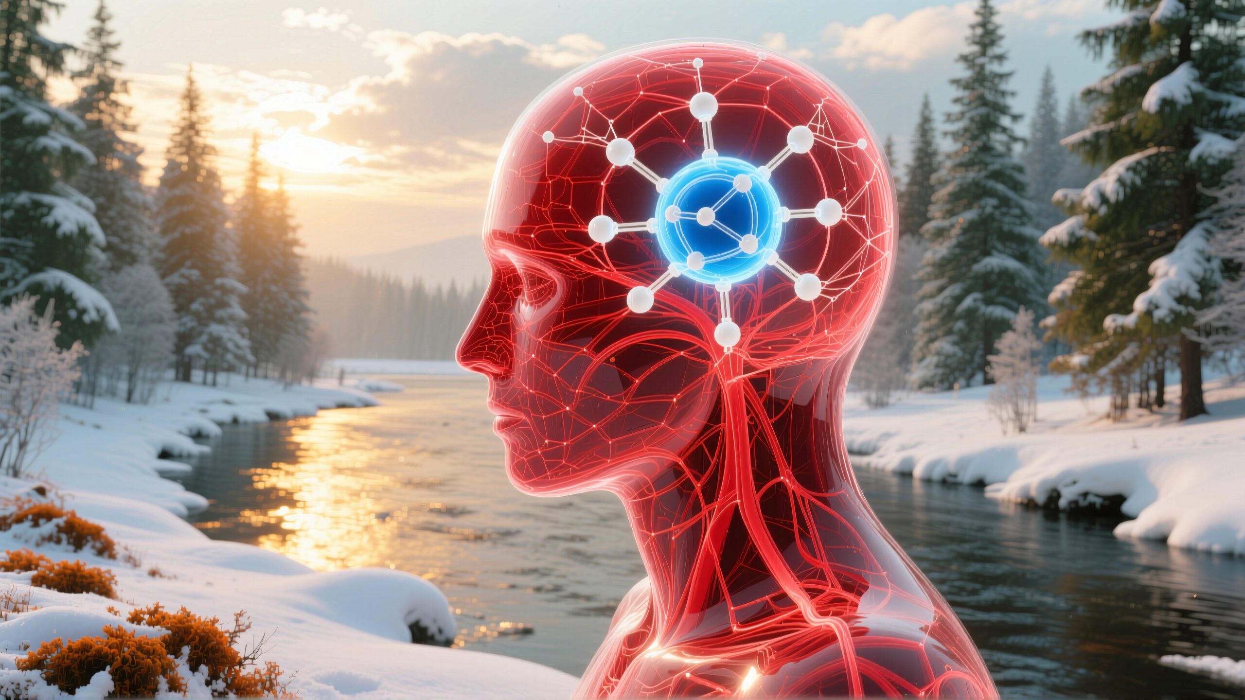 Illustration of a human head with neural network overlay in snow-covered landscape.