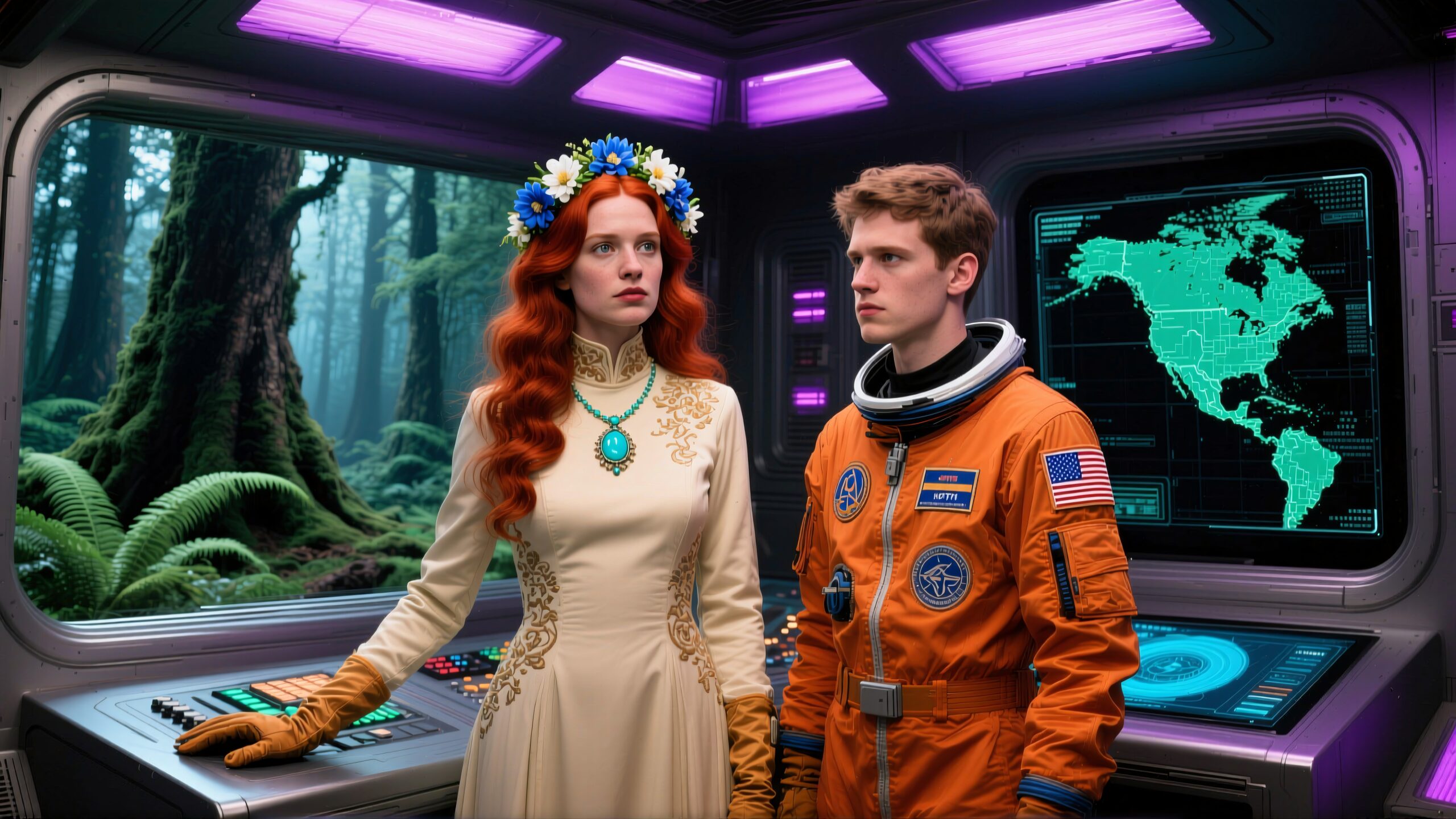A futuristic scene with a woman in floral attire and a man in an astronaut suit, set in a technologically advanced control room.