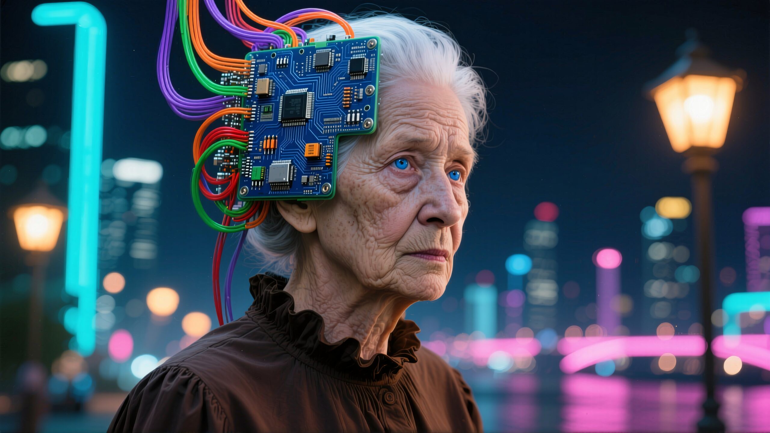 Elderly woman with circuit board headpiece and neon city backdrop.