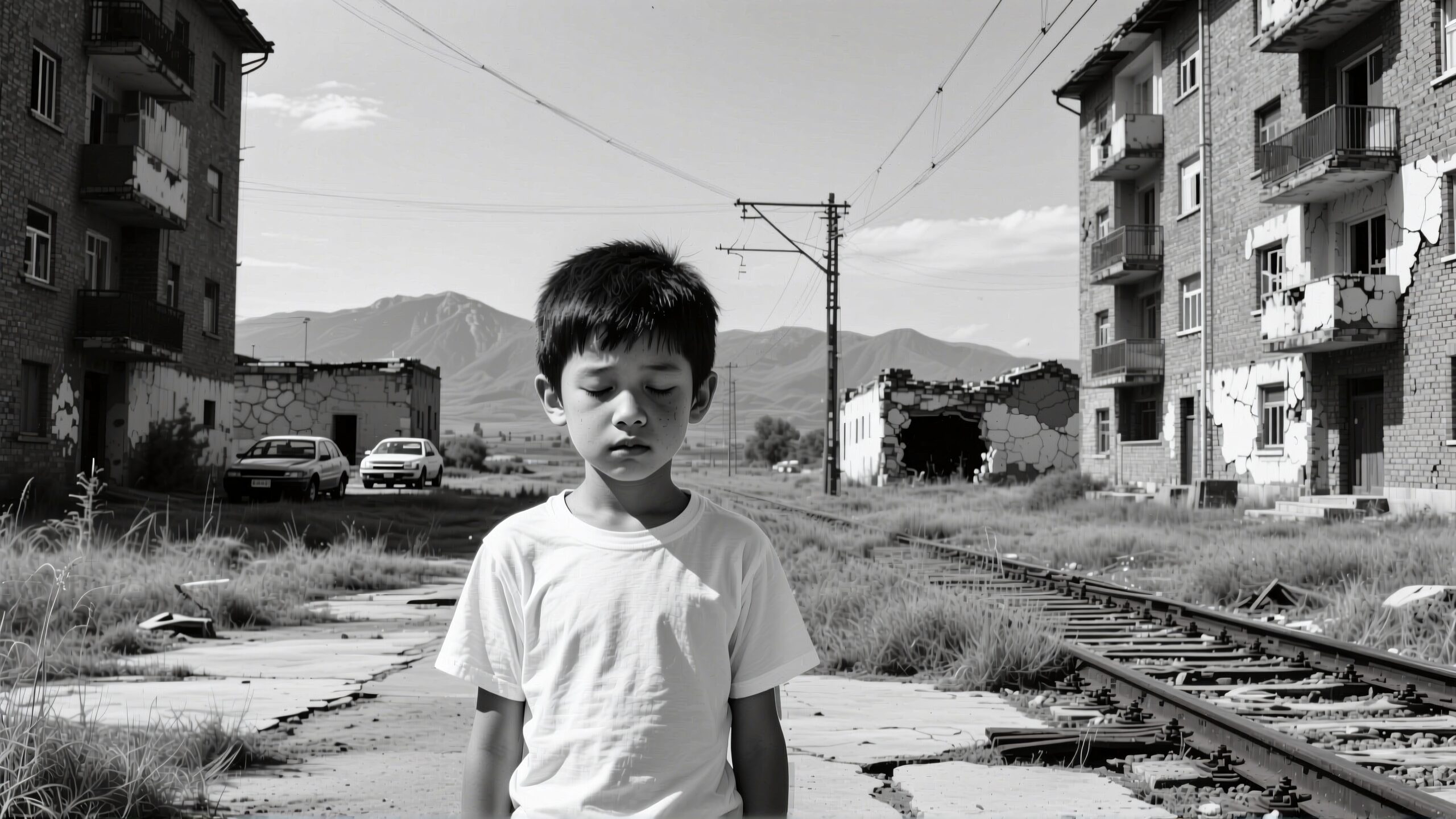 A young boy stands quietly amidst urban decay, surrounded by dilapidated buildings and railway tracks.