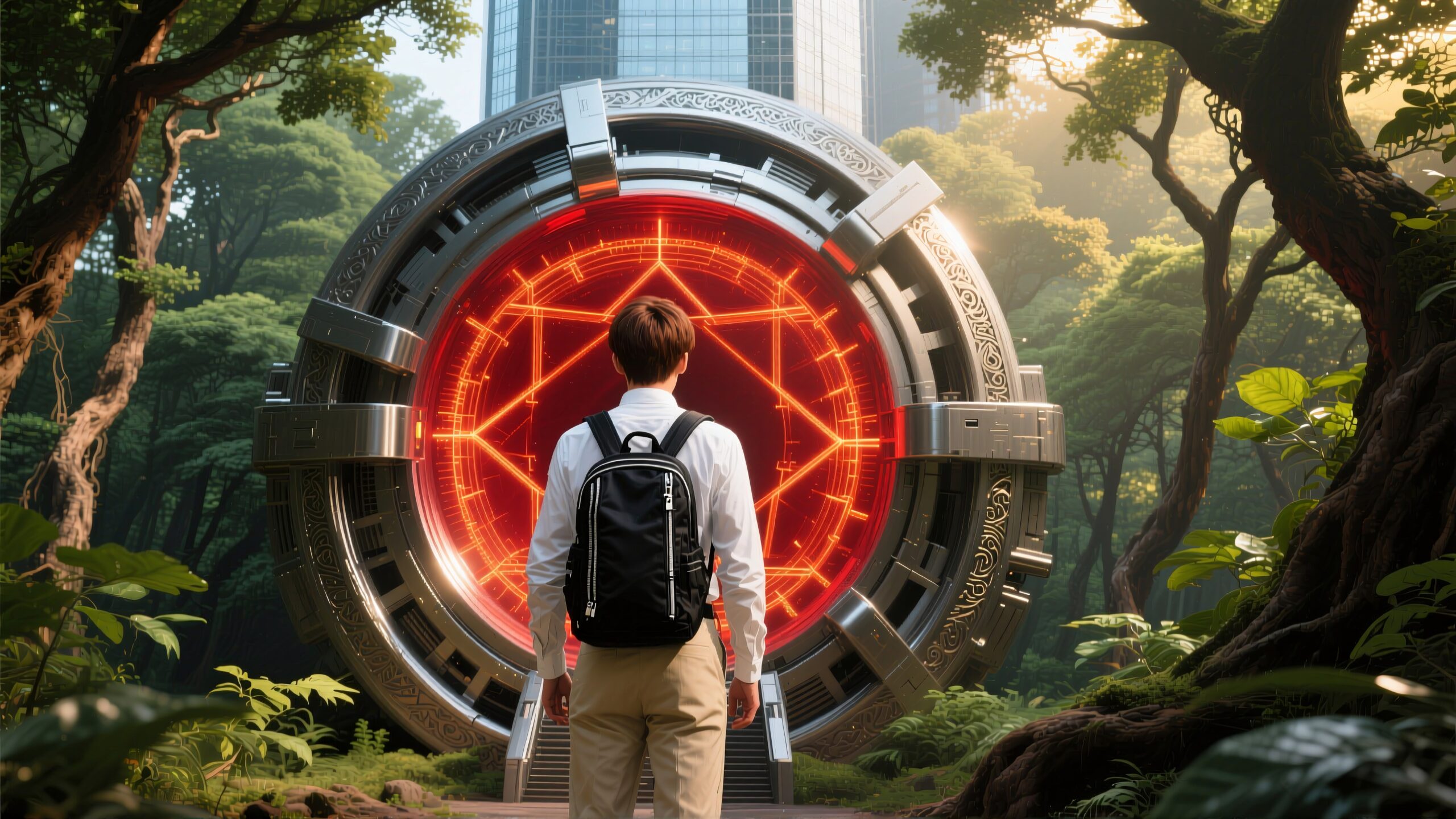 A young adventurer stands before a glowing red portal in a verdant forest, symbolizing exploration and discovery.
