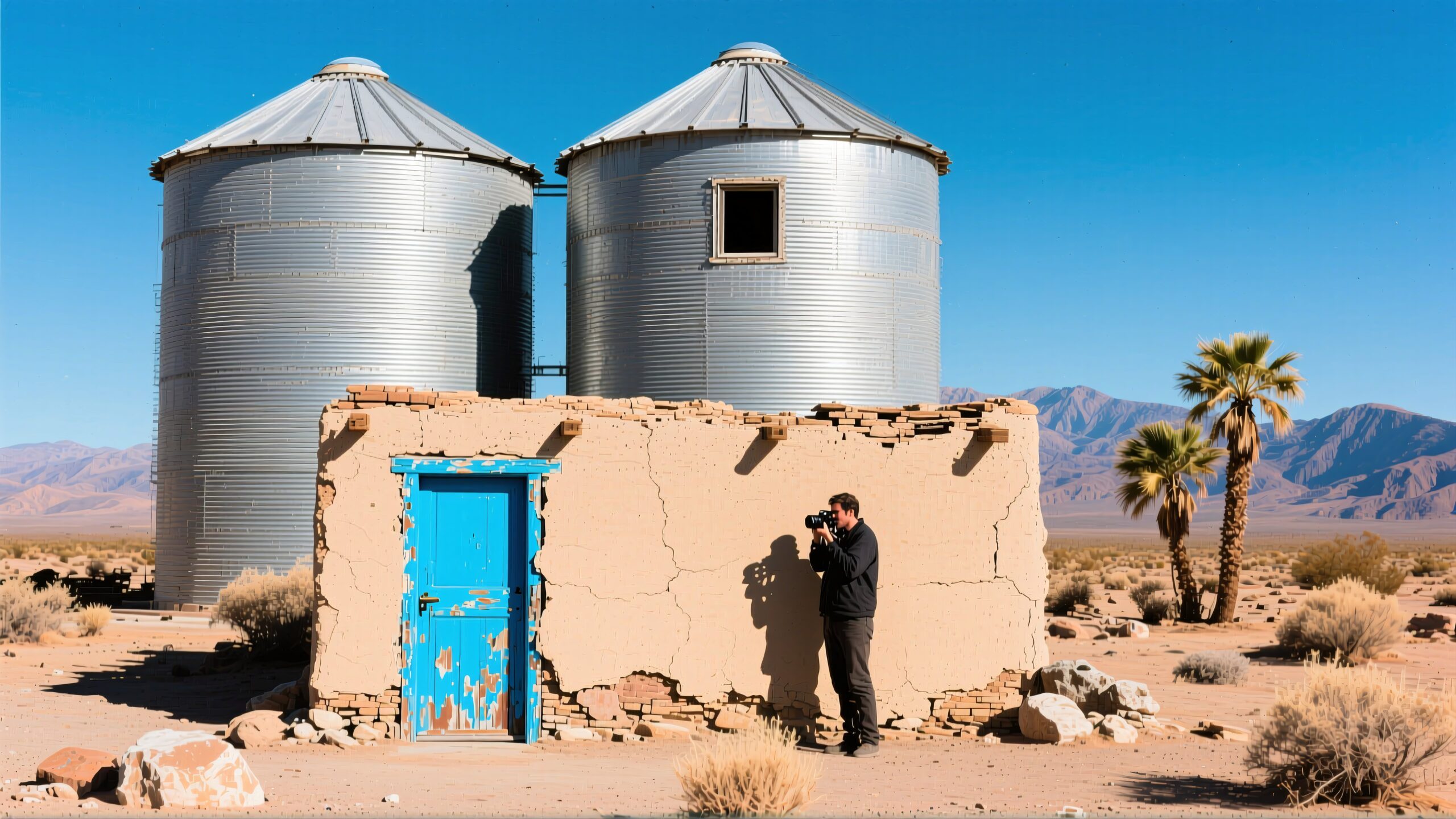 A photographer in front of an adobe building with metal silos in a desert landscape.