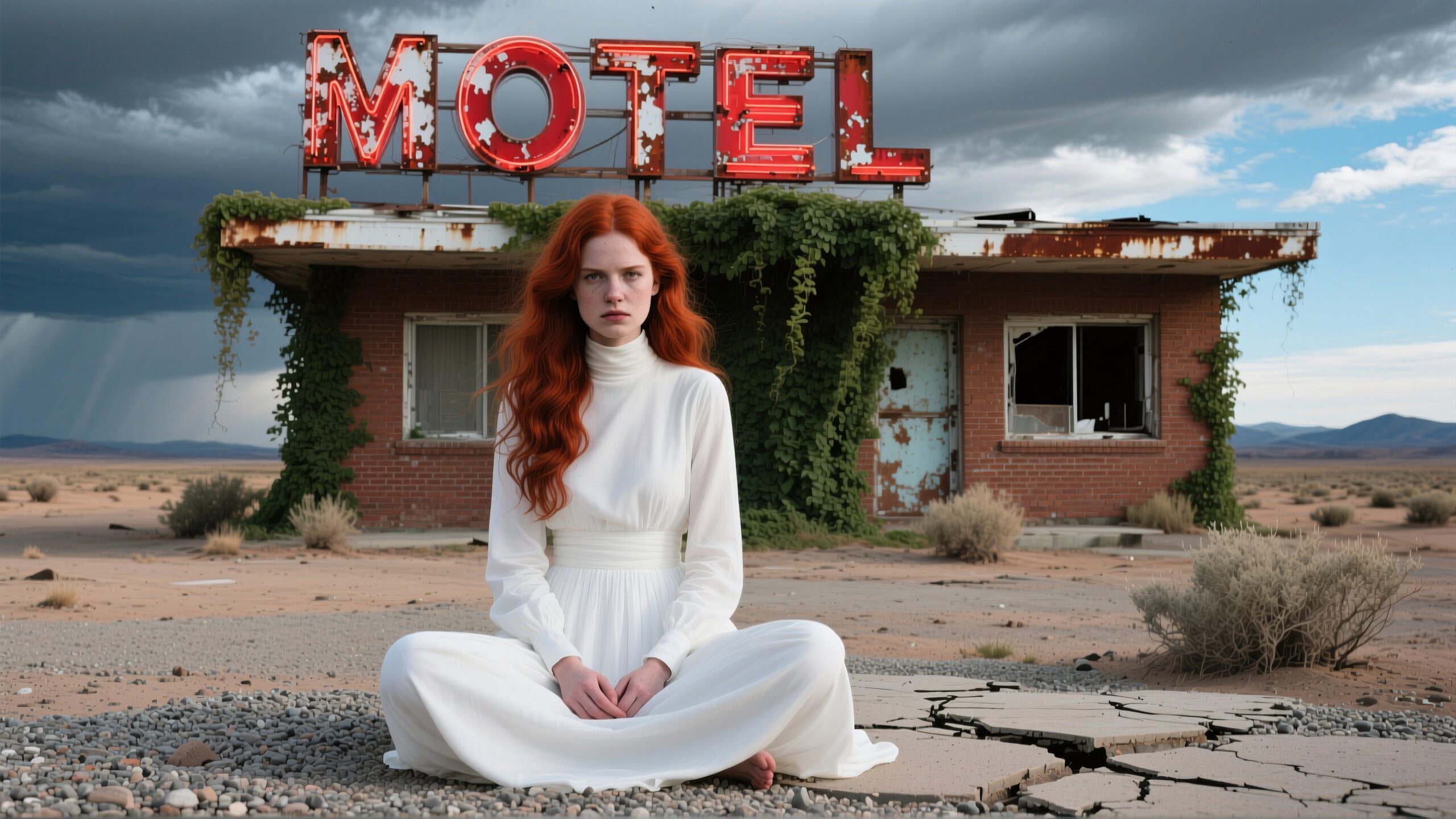 A red-haired woman sits in front of a deserted, overgrown motel under a stormy sky.