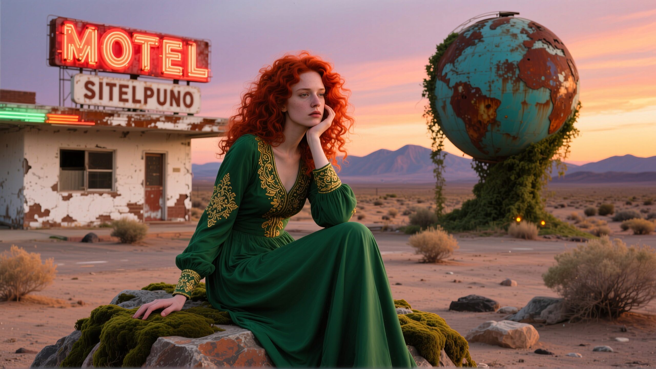 A woman in a green dress sits by an abandoned motel in the desert at sunset.
