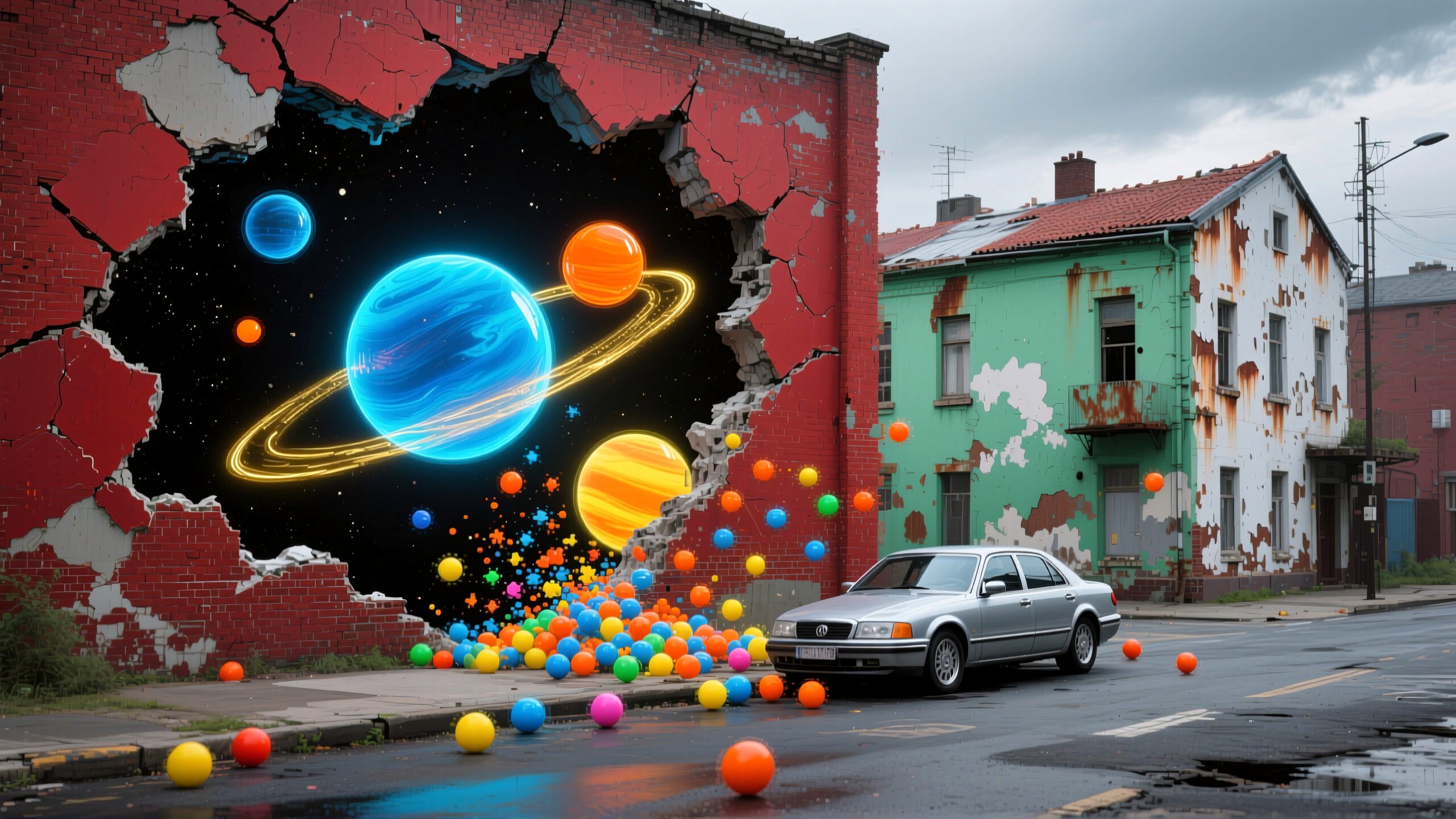 A cosmic mural bursts through a brick wall with colorful spheres.