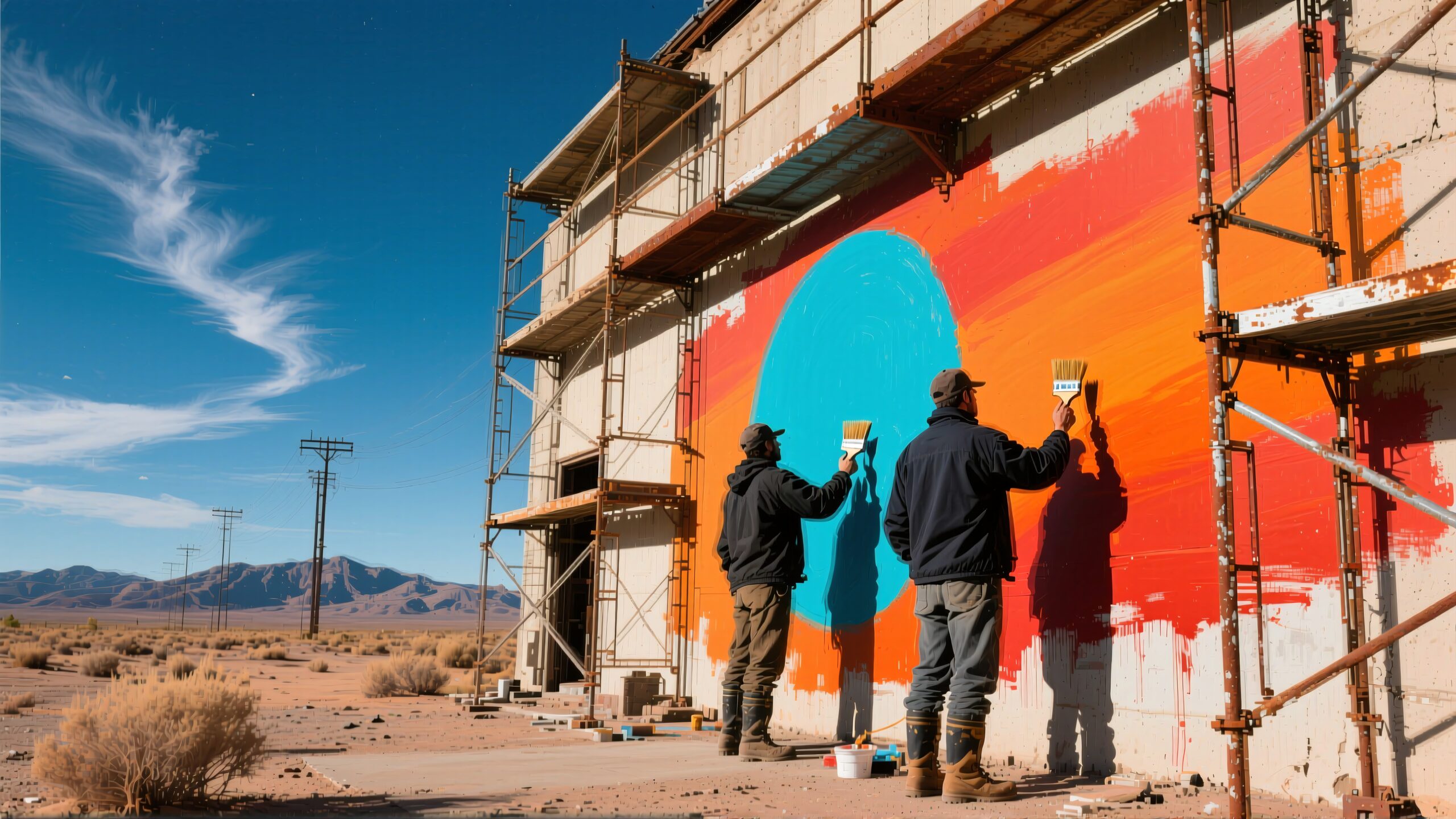 Two people painting a colorful mural on a desert wall under clear skies.