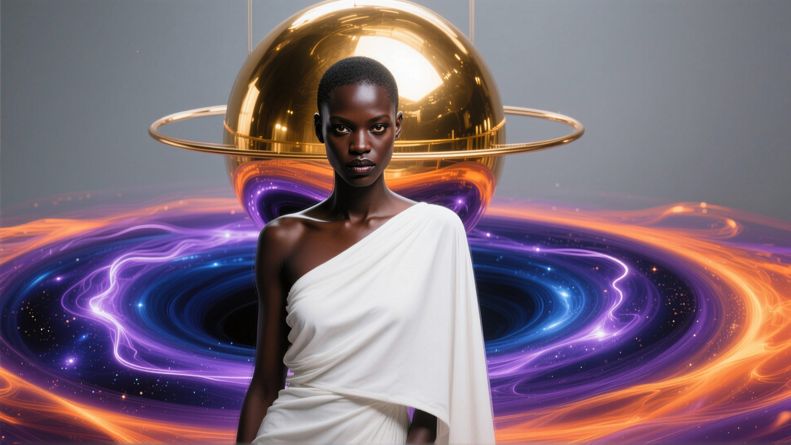 Elegant woman in white dress posing before colorful cosmic background with golden sphere and swirling vortex.
