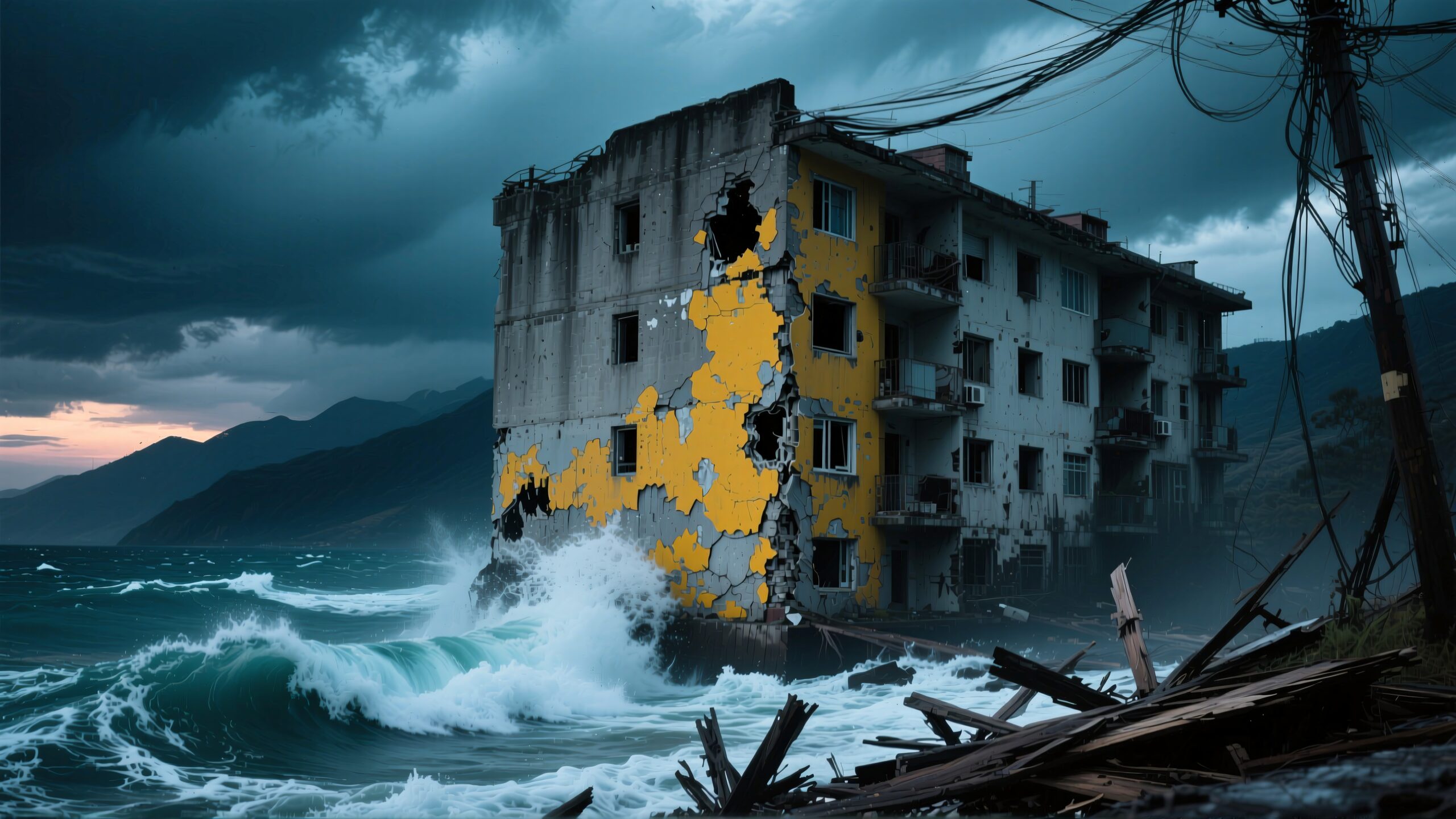A dilapidated building battered by stormy sea.