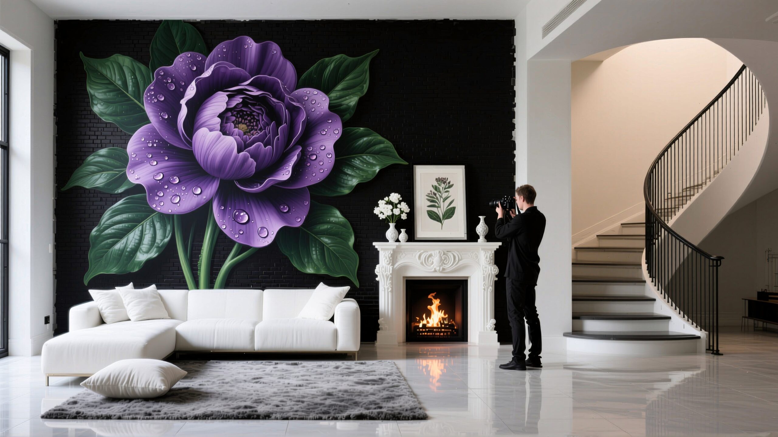 Elegant living room with purple floral mural.