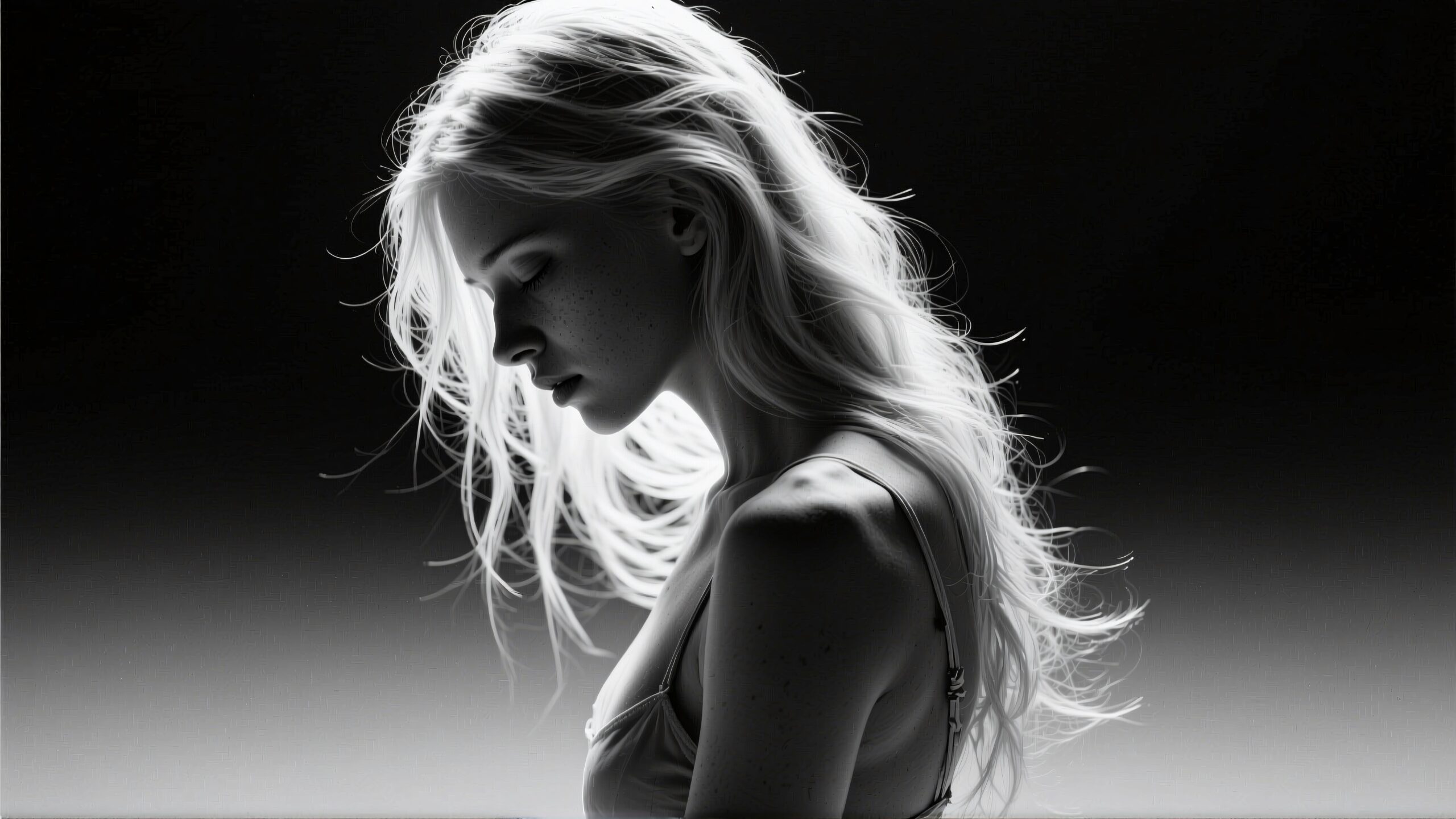 A contemplative black and white portrait of a woman in profile with flowing hair.