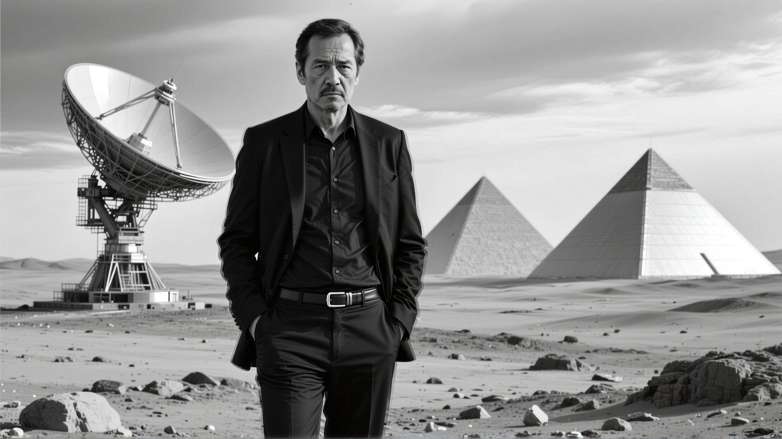 A man in a suit stands in a desert with pyramids and a satellite dish in the background.