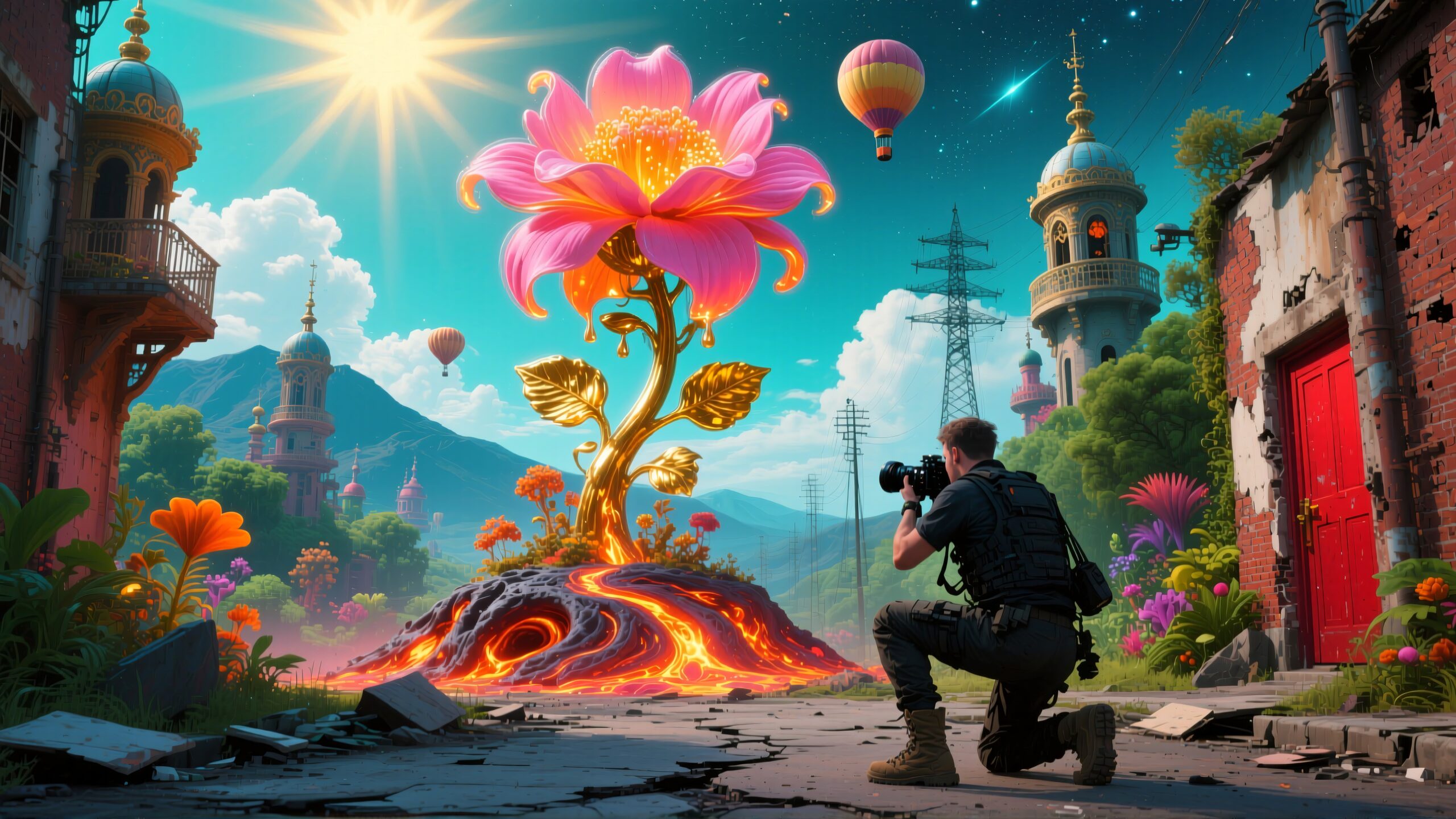 A photographer captures a giant surreal pink flower growing from lava amidst a vibrant urban landscape with hot air balloons.