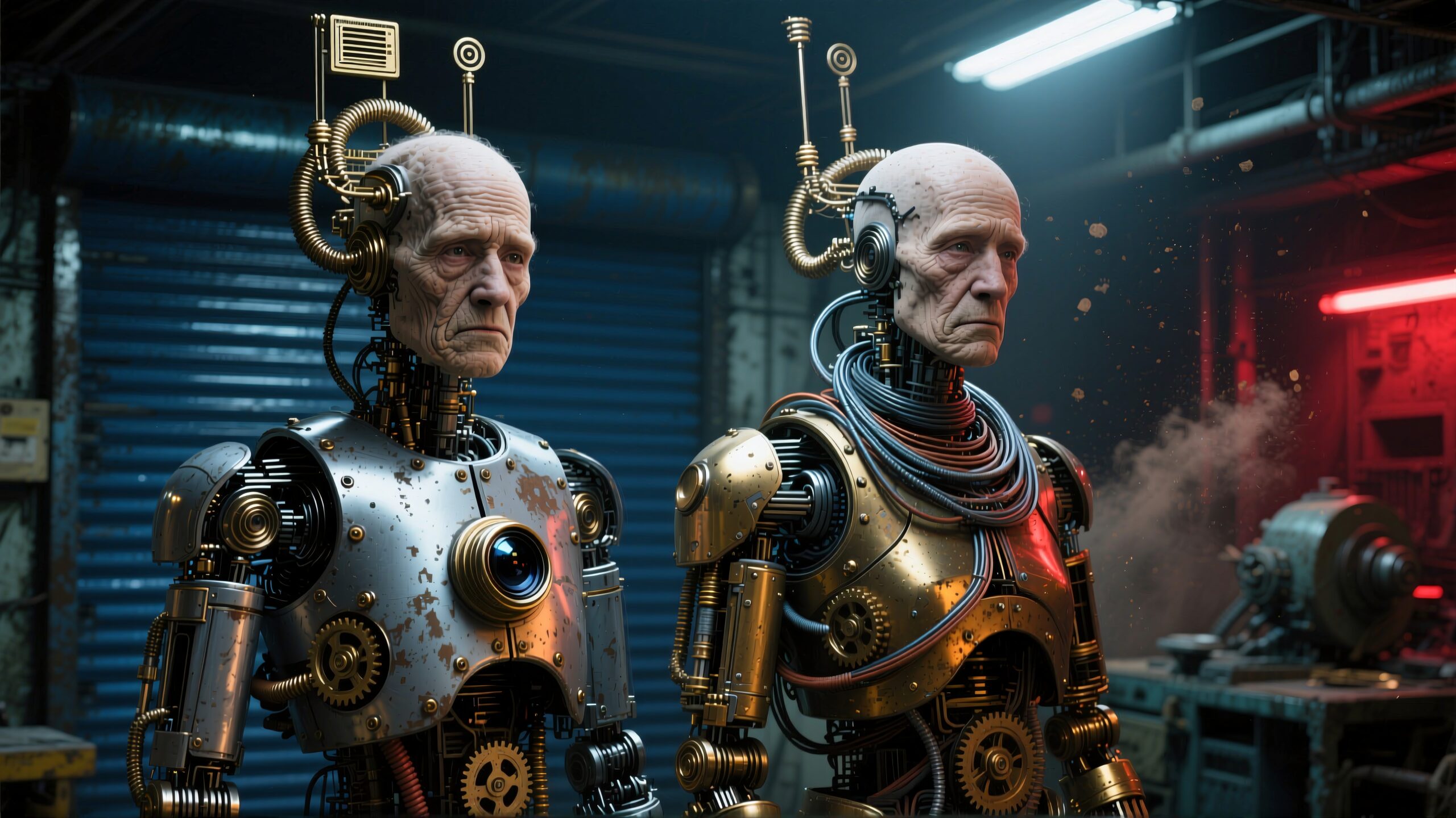 Realistic humanoid robots in industrial setting.