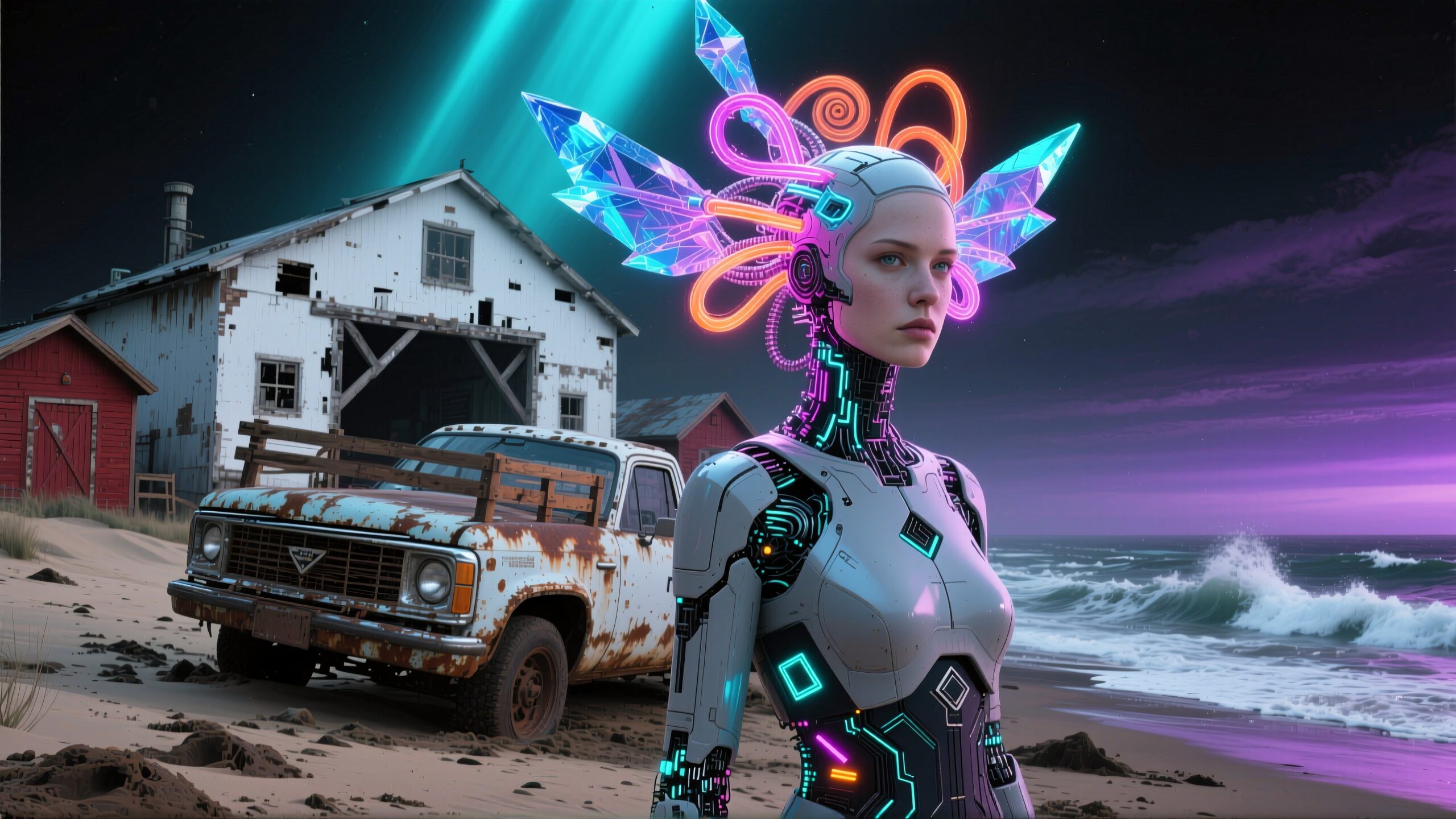 Futuristic female android standing on a beach with a glowing neon headdress and rusted truck backdrop.
