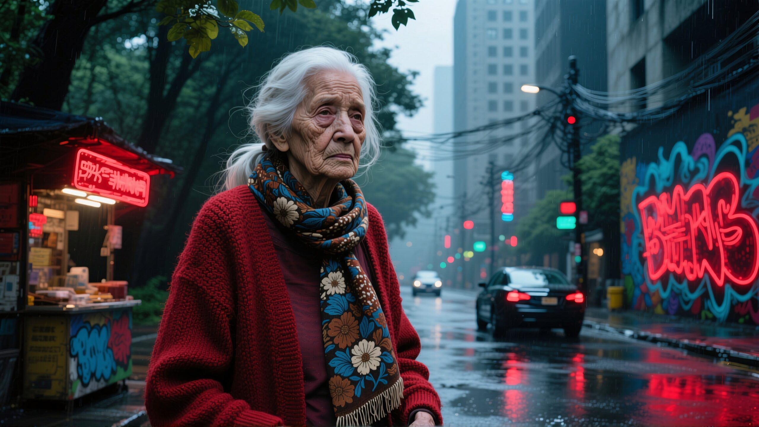 Elderly woman in a red sweater stands on a rainy city street, surrounded by vibrant neon lights and graffiti.