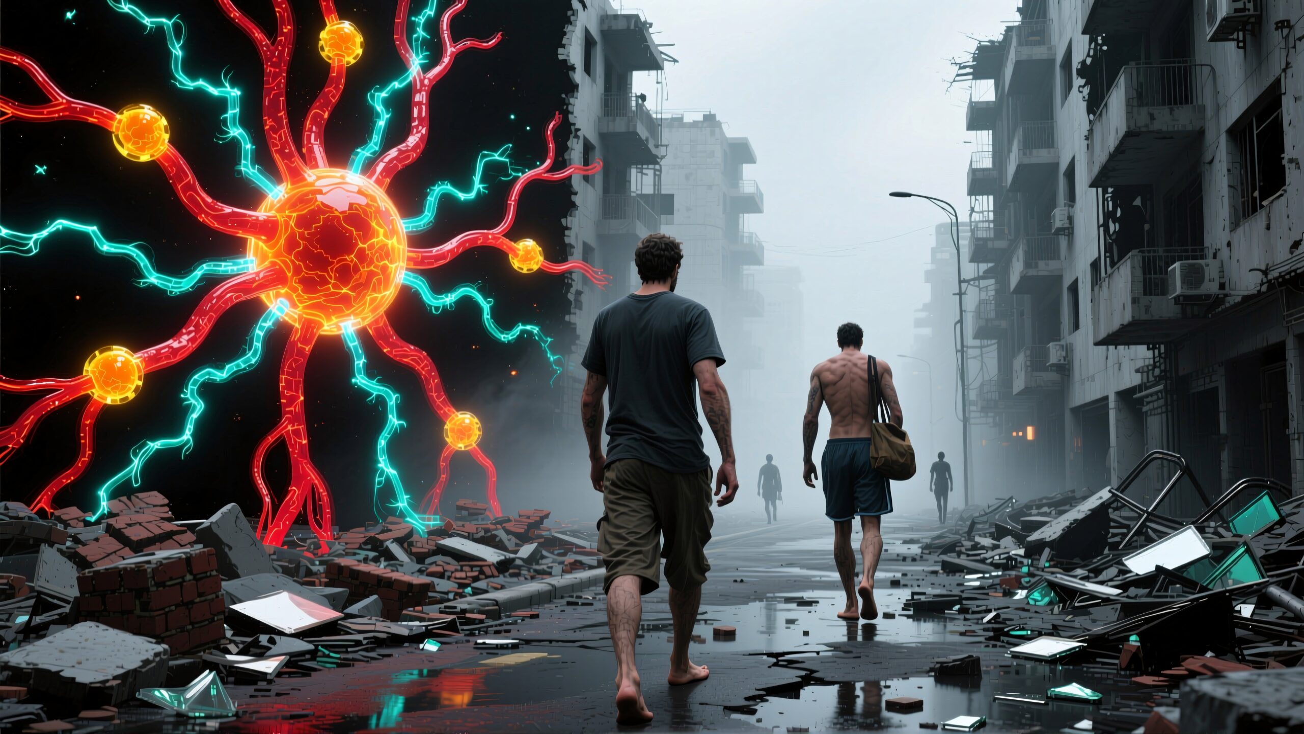 A surreal neural structure amidst urban ruins.
