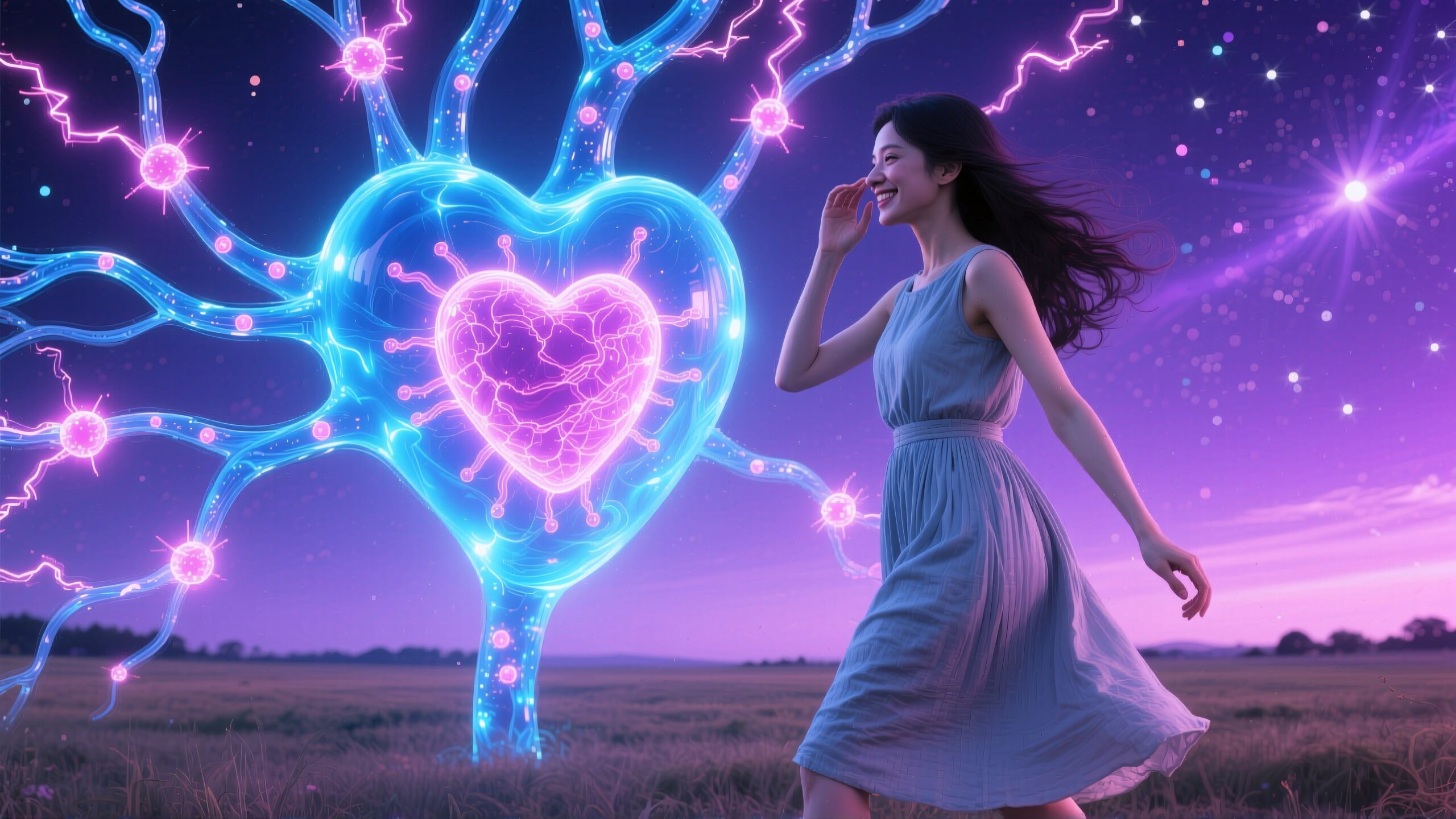 A woman walks by a glowing, electric heart-shaped tree under a starry night sky.