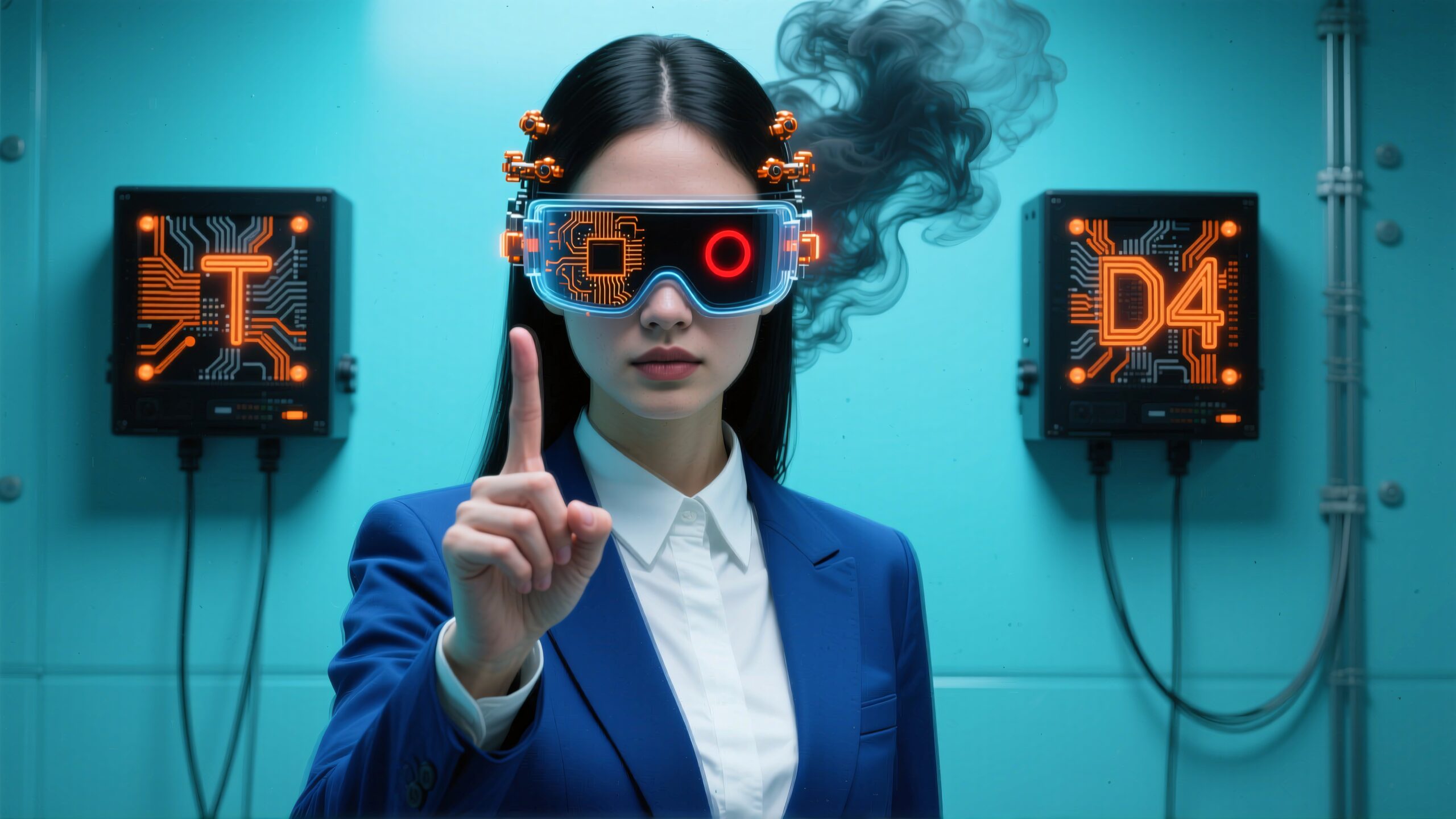 Woman wearing futuristic AR goggles, interacting with digital interface in a high-tech environment.