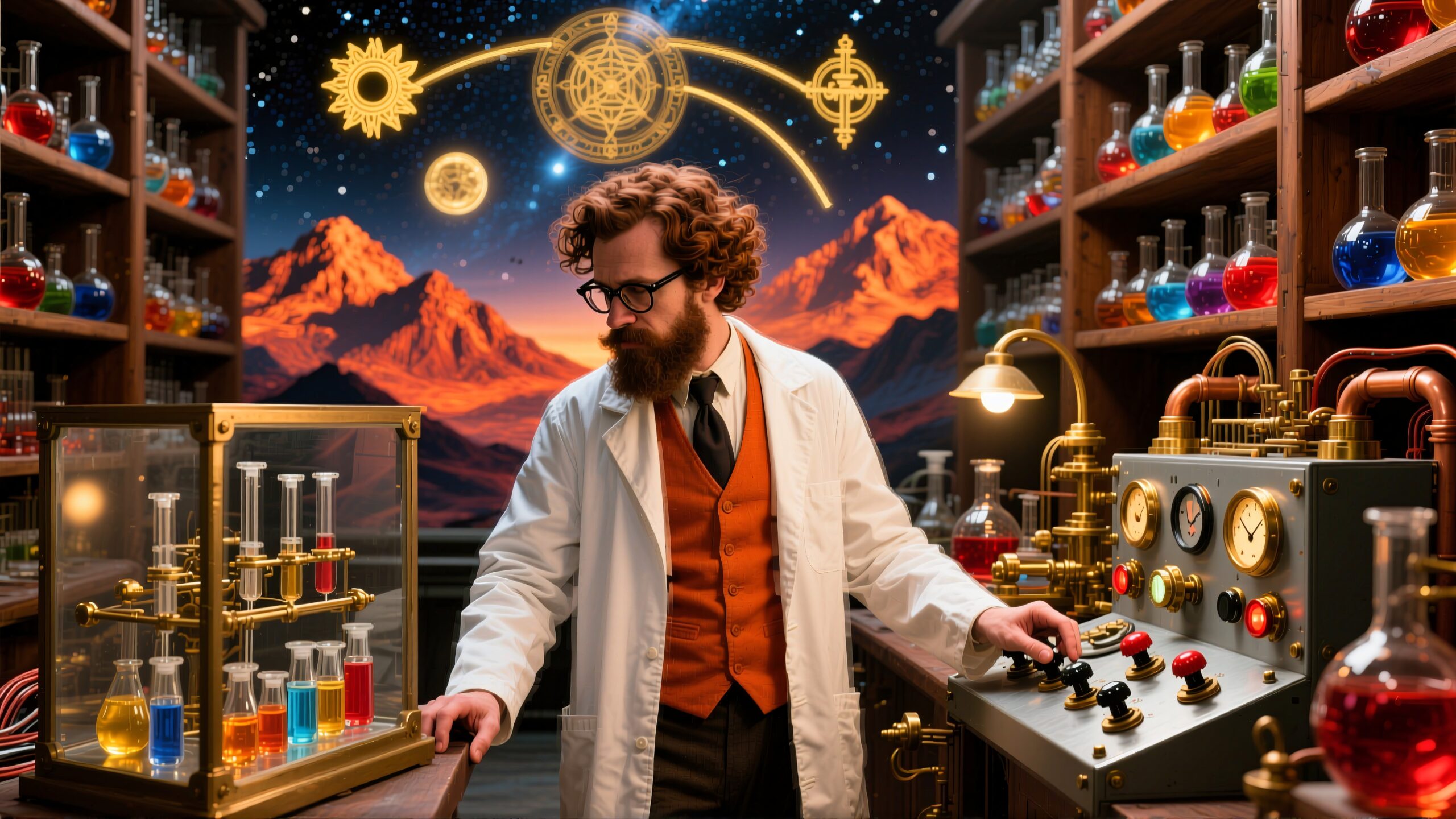 Scientist in a steampunk-themed laboratory surrounded by colorful chemicals and vintage equipment.