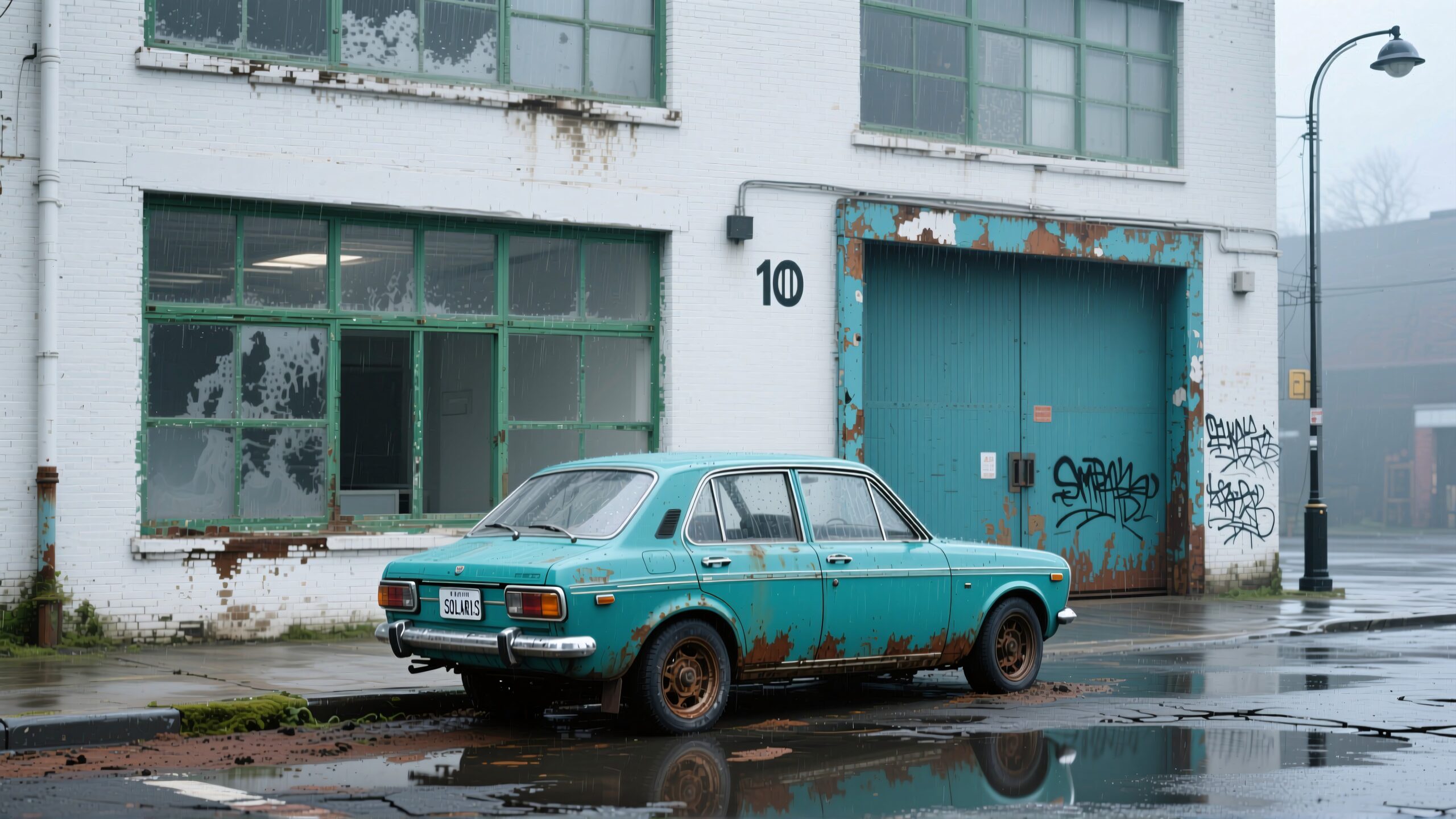 A rusted vintage car parked outside a weathered industrial building in an urban setting.