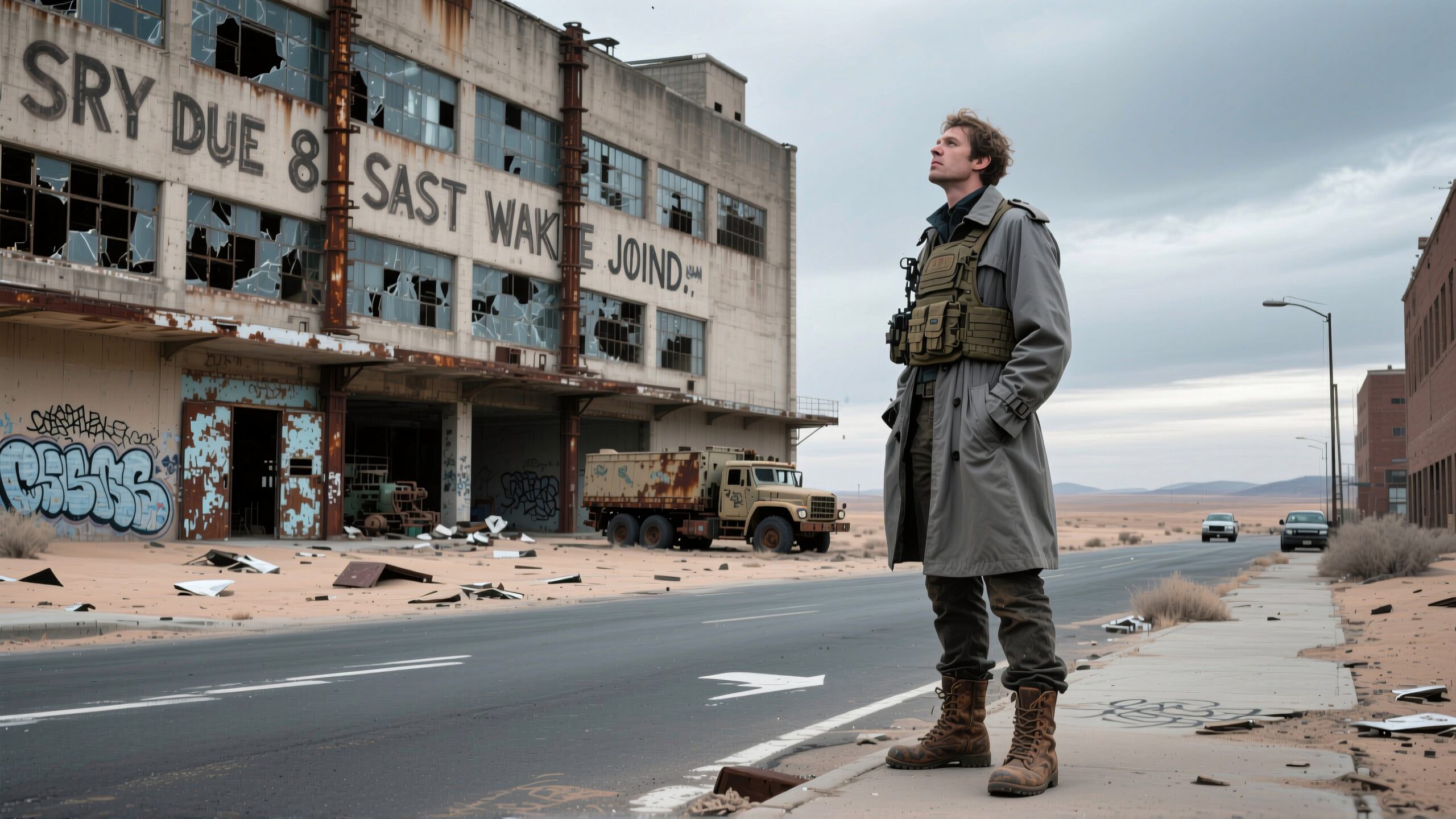A man stands in a deserted street beside a dilapidated, industrial building with broken windows and graffiti.