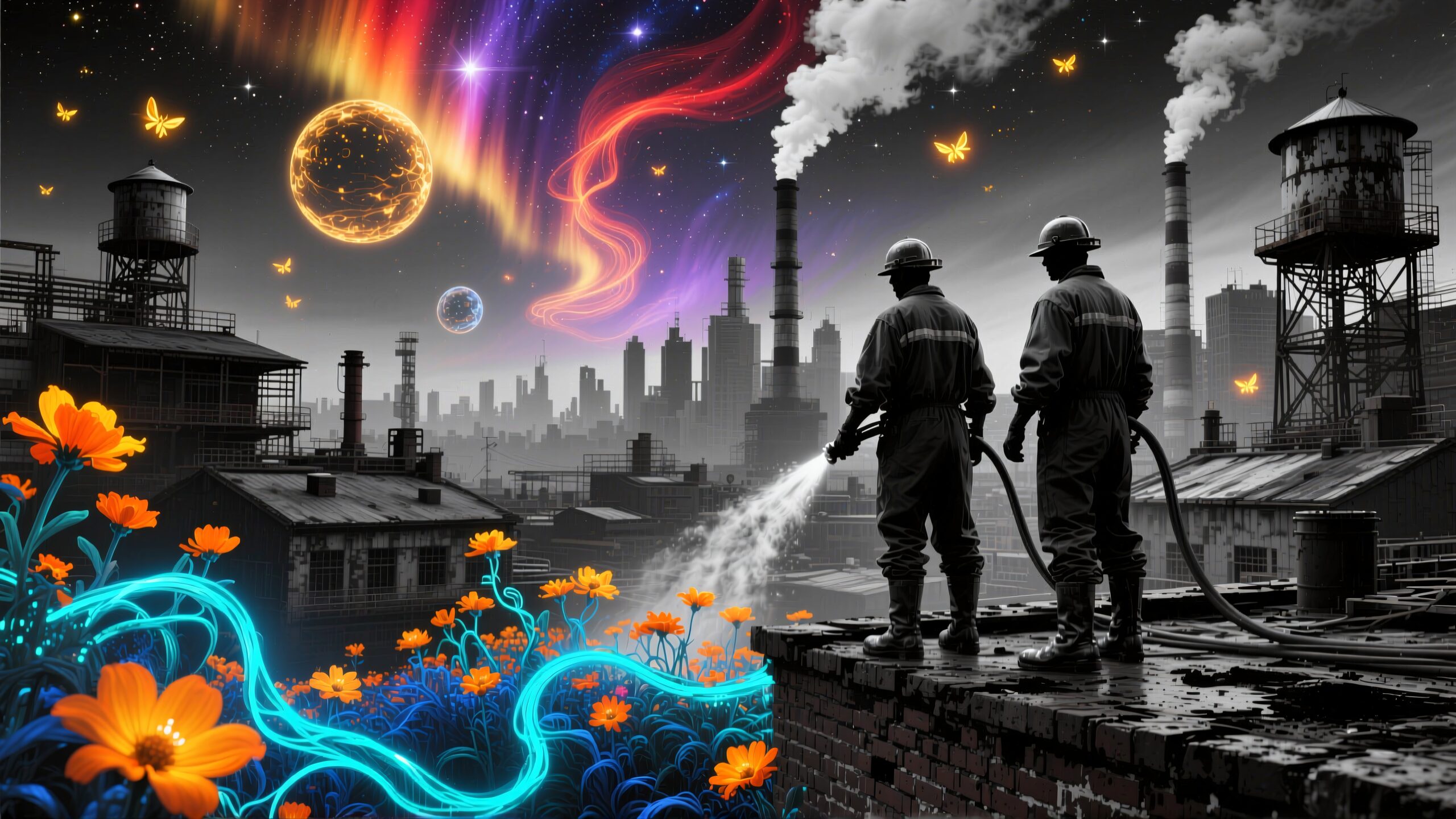 Two workers amidst surreal industrial nature.