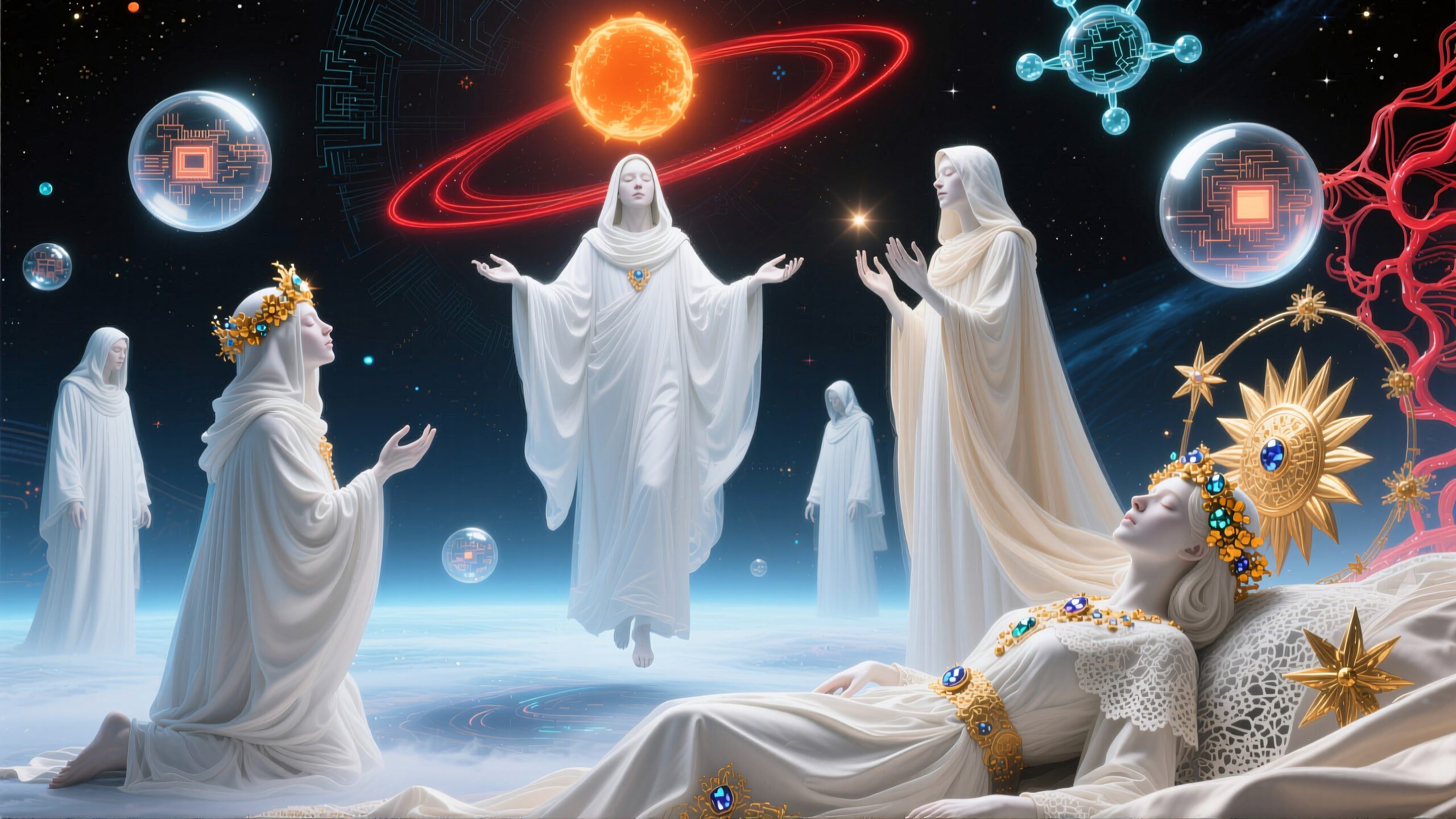 Celestial beings in white robes perform a mystical ritual surrounded by cosmic symbols and a glowing celestial body.